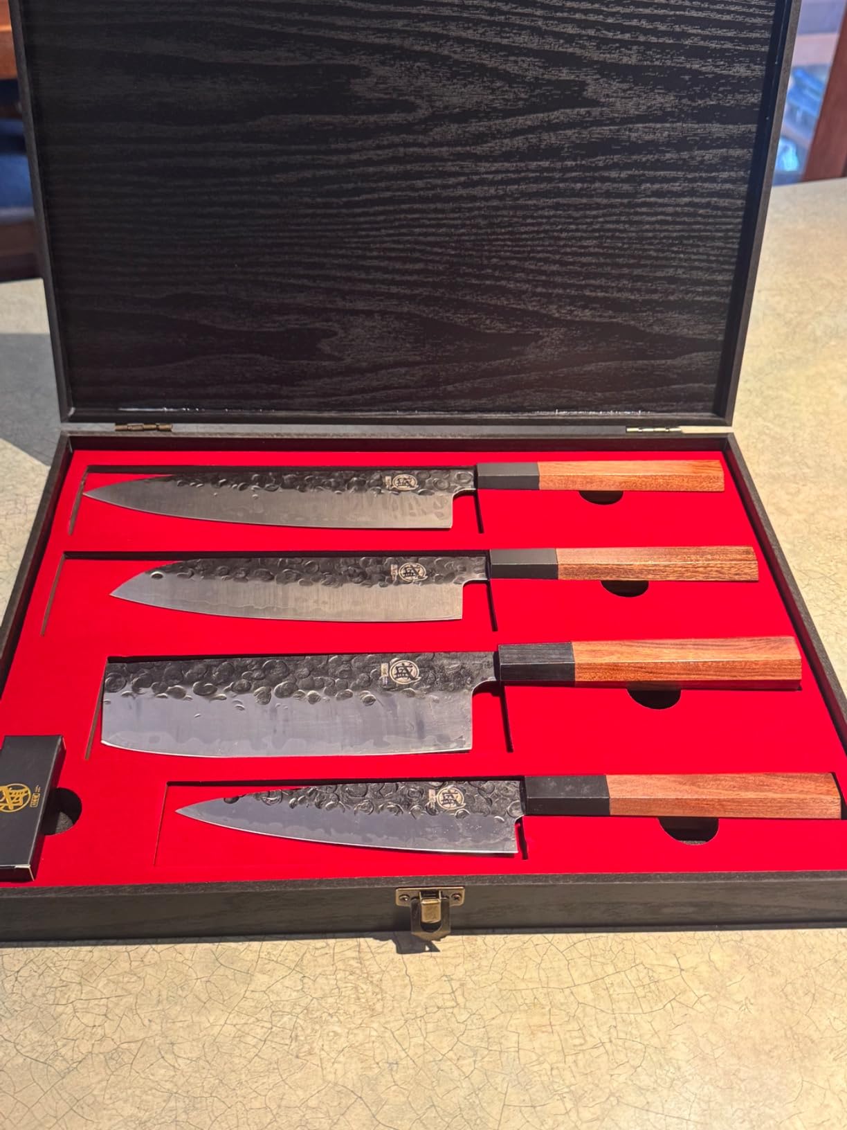 MITSUMOTO SAKARI 4-Piece Japanese Chef Knife Set, San-Mai 9Cr18MoV | Gyuto Santoku Nakiri Paring, Rosewood Handles, Sandalwood Box customer photo 2