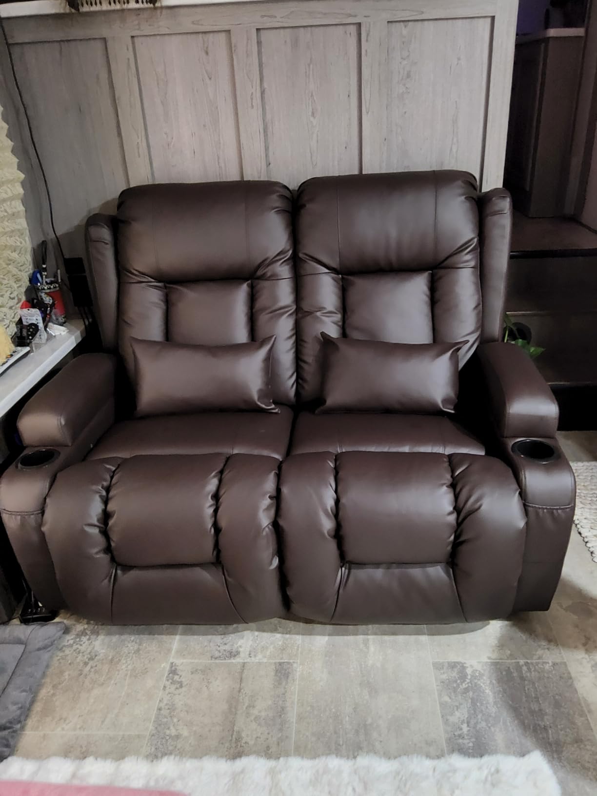 URRED Power Loveseat Recliner Sofa with Massage and Heat, Black | Wall Hugger Reclining Loveseat with Console, RV Couch Home Theater Seating with LED Lights for Living Room, Faux Leather customer photo 1
