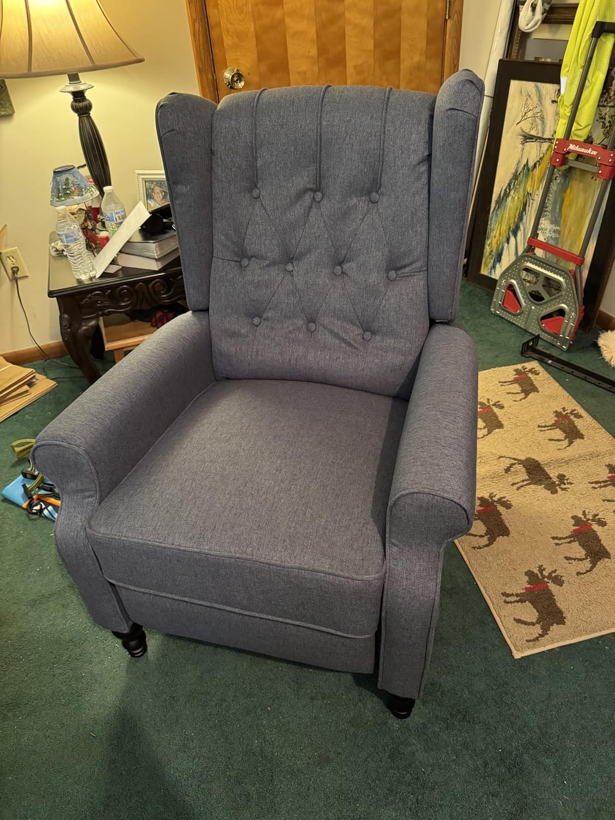 Mid Century Wingback Recliner Chair for Adults, Modern Linen Fabric Push Back Recliner Chairs with Button Tufted Upholstered Back & Footrest, Manual Recliner Chais for Living Room, Nursery, Blue customer photo 1