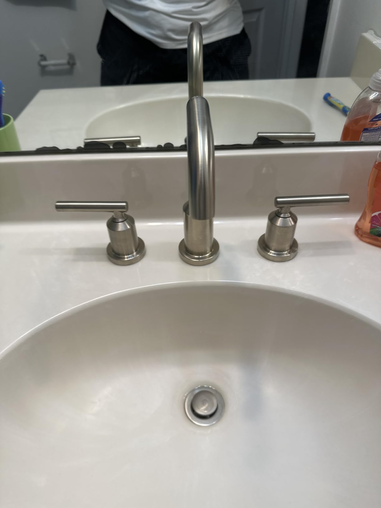 Moen Gibson Two-Handle High Arc Widespread Modern Bathroom Sink Faucet for 3-Hole Setups with Valve Included, Brushed Nickel, TV6142BN customer photo 1