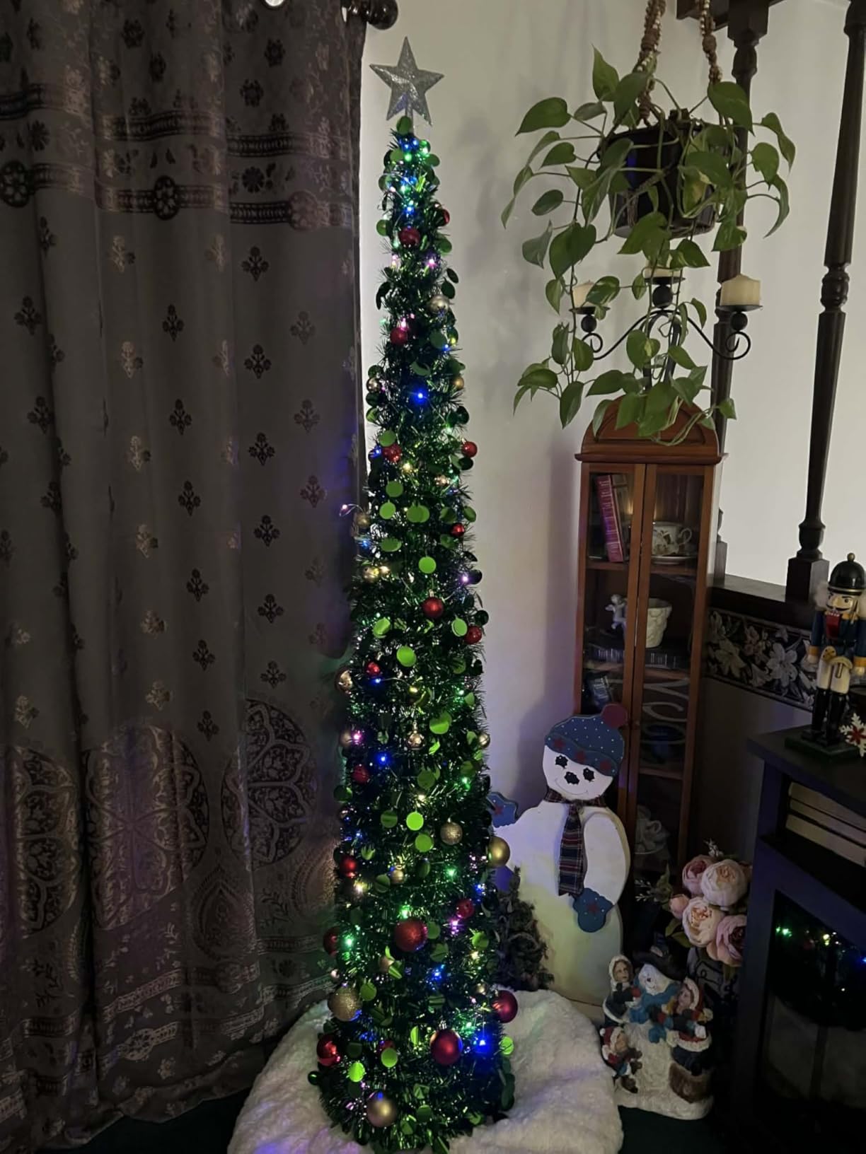 N&T NIETING Pop Up Christmas Tree with Lights & 40 Balls, 6Ft Collapsible Green Tinsel Tree Decorations, Skinny Christmas Tree for Holiday Home Office Decor, Green customer photo 2
