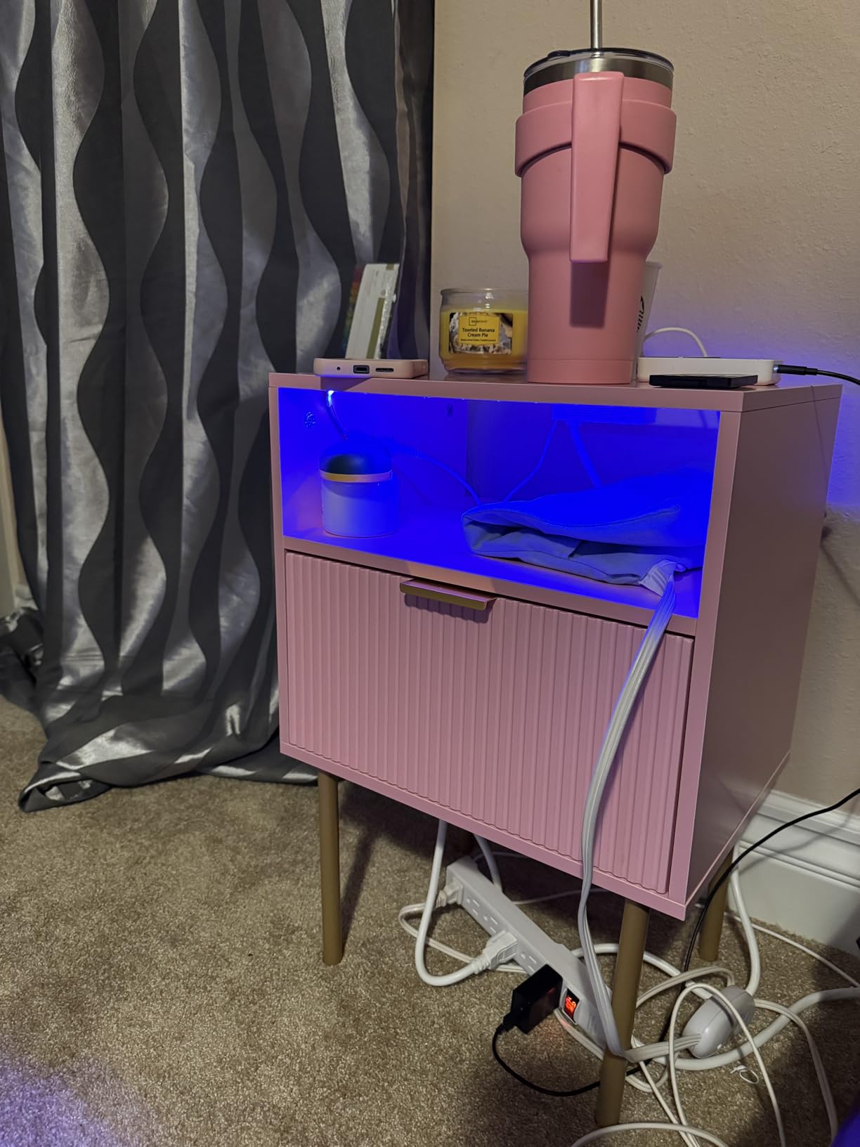 Modern Nightstand with Charging Station and LED Lights, White Bedside Table with Drawer, Fluted Side Table for Living Room, Bedroom customer photo 1