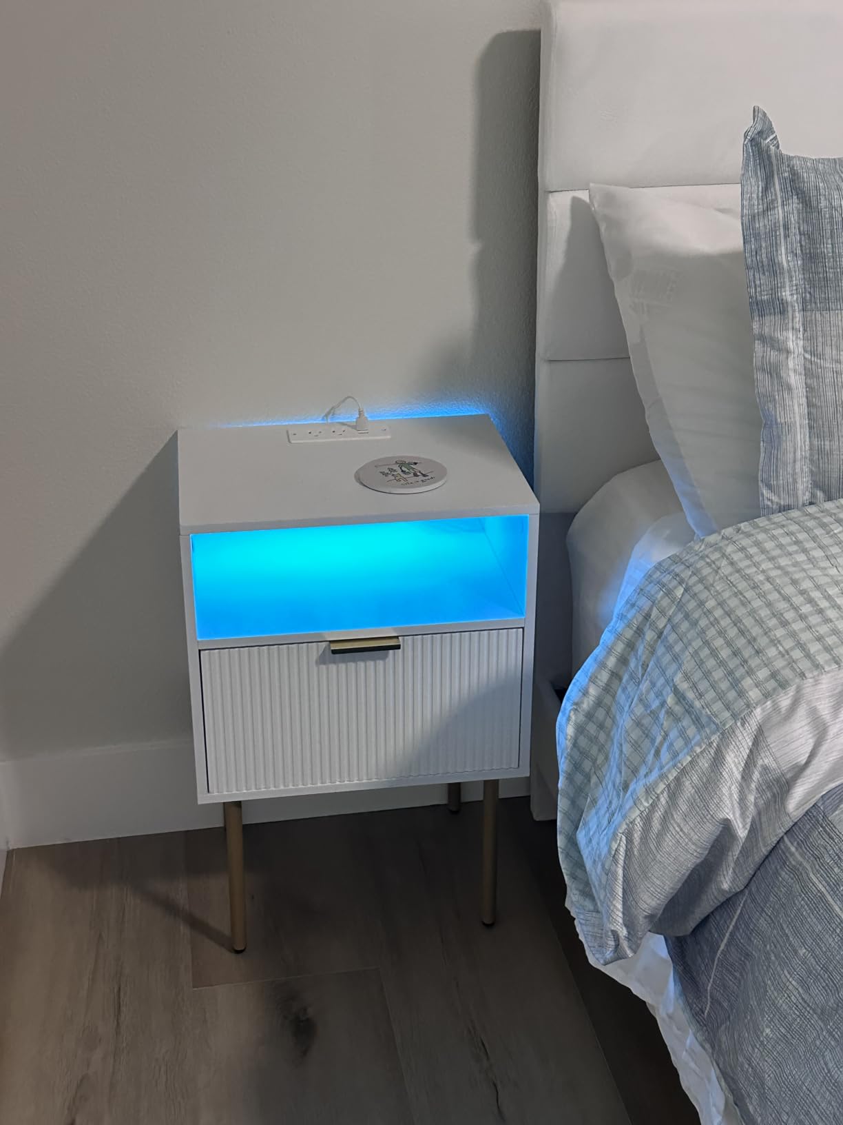 Modern Nightstand with Charging Station and LED Lights, White Bedside Table with Drawer, Fluted Side Table for Living Room, Bedroom customer photo 2