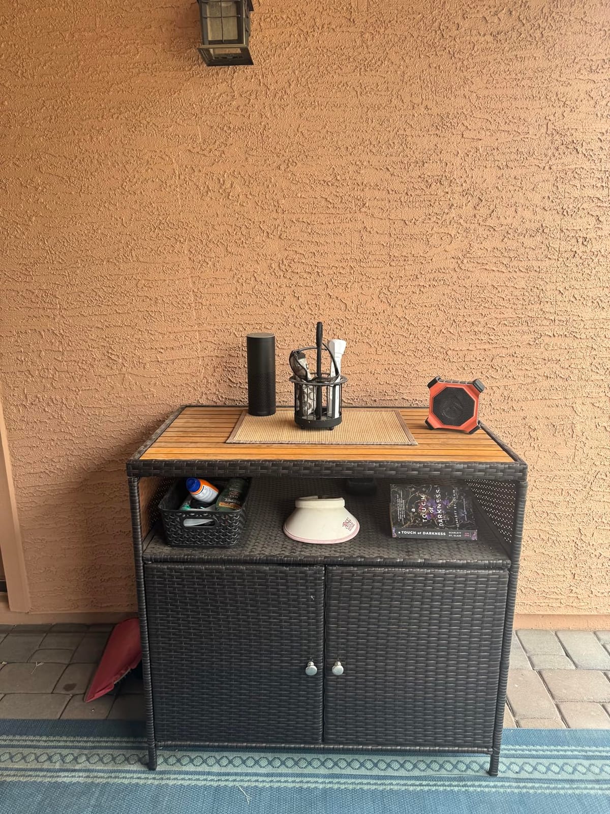 Tangkula Rattan Outdoor Storage Cabinet, Patiojoy Outdoor Cabinet with Acacia Wood Countertop, Open Compartment, 2-Door Wicker Sideboard, Outdoor Bar for Patio Garden Backyard Poolside (Mix Brown) customer photo 1