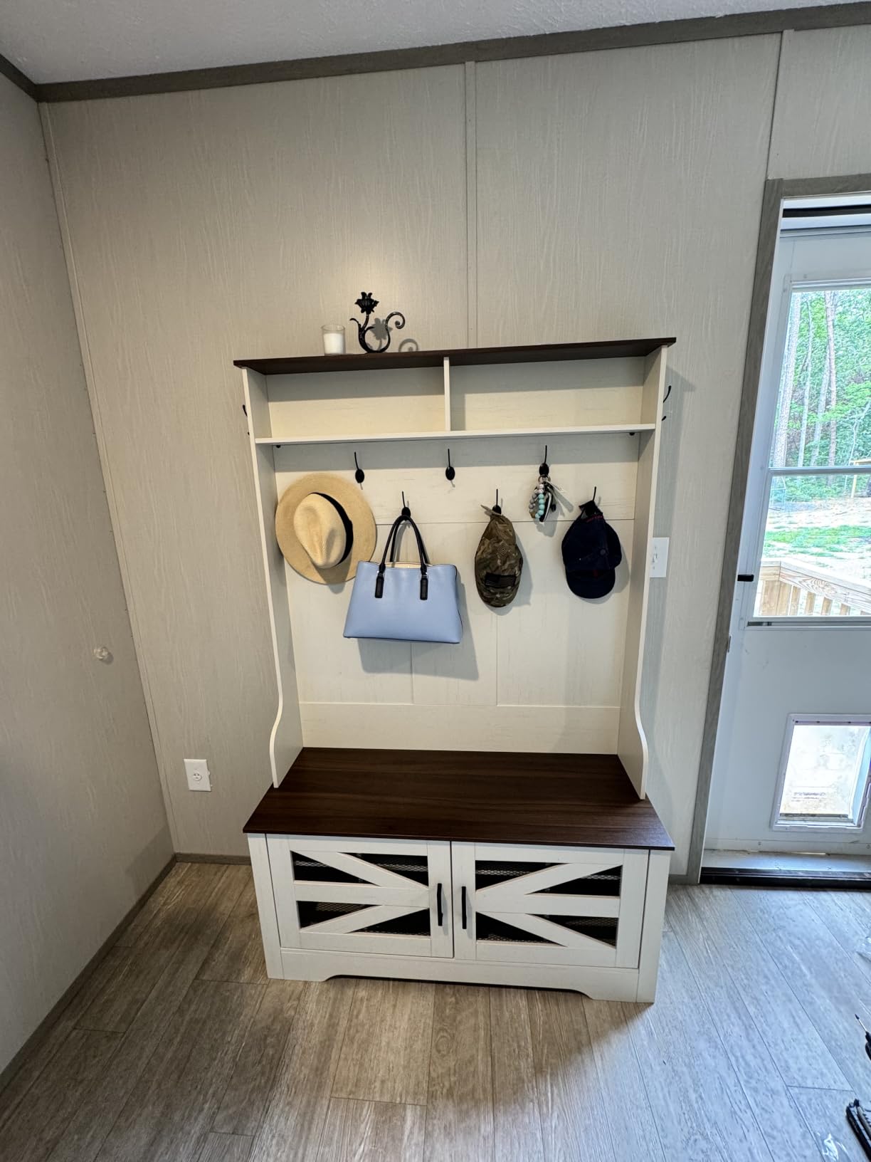 Itaar Hall Tree with Bench and Shoe Storage, 5-in-1 Entryway Bench with Coat Rack, 10 Shoe Cubbies & 9 Coat Hooks, Barn Door & Adjustable Shelf, Rustic Brown customer photo 2
