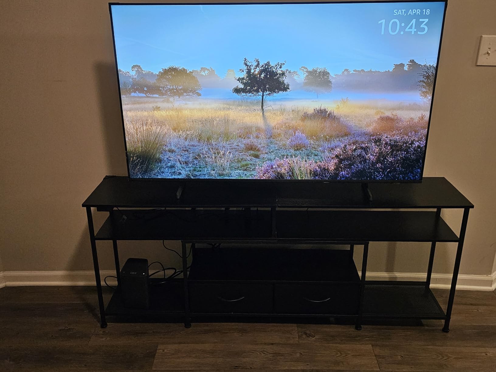 Huuger 63 Inch LED TV Stand for 65 70 Inch TV, Entertainment Center with Open Shelves and Power Outlets, TV Console for Living Room, Media Console with Drawers, Black customer photo 2