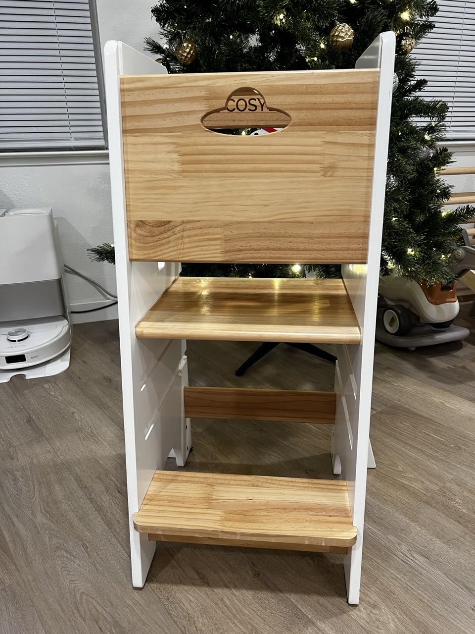 COSYLAND Toddler Tower Toddler Standing Kitchen Stool (NO Wide Back Panel) | Super Stable Toddler Kitchen Tower Helper, 3 Levels Adjustable Wooden Learning Tower for Kids (Natural & White) customer photo 1