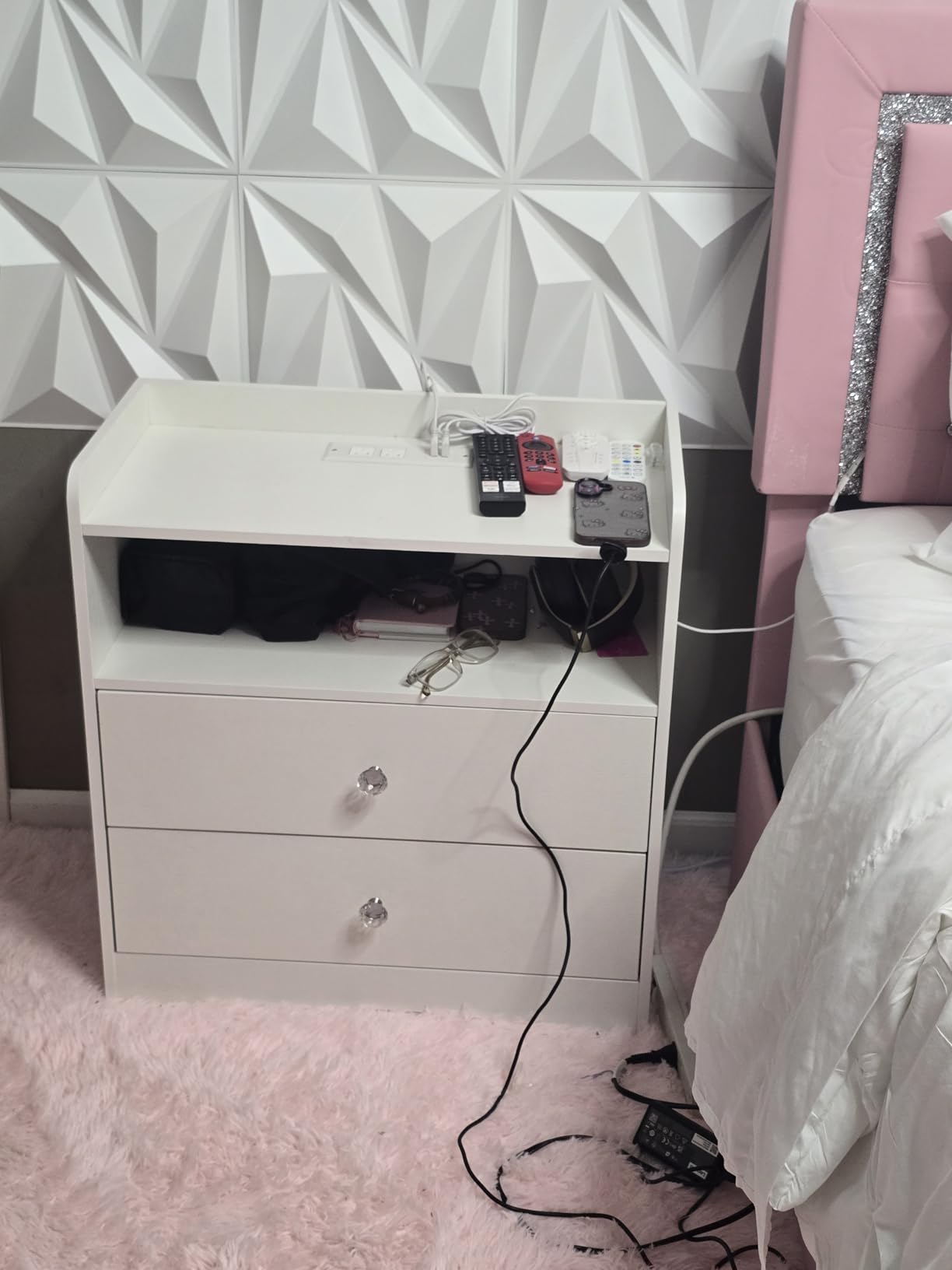 Nightstand with Charging Station and LED Light, Black | Modern Nightstand, USB Ports, Outlets, Wooden Bedside Table, 2 Storage Drawers, Small Dresser, Bedroom, Small Space customer photo 1