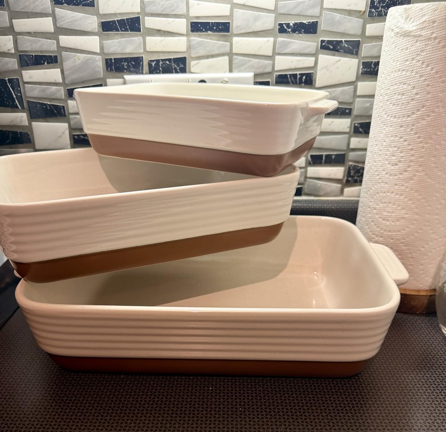 MALACASA Casserole Dishes for Oven, Ceramic Baking Dishes Set of 3, Baking Pan Casserole Dish Set, Rectangular Lasagna Pan Deep with Handles for Baking, Khaki White (14.5''/13''/10.5''), Series TARA customer photo 2