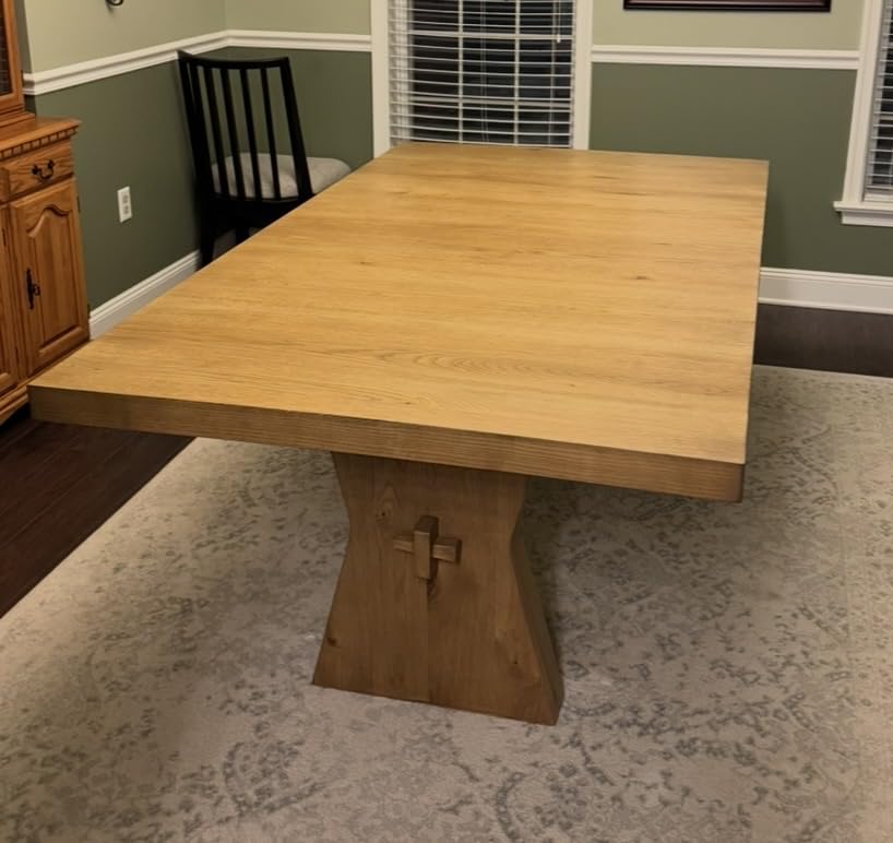 Signature Design by Ashley Galliden Farmhouse Dining Table with Extra-Thick Tabletop and Trestle Base, Light Brown customer photo 2