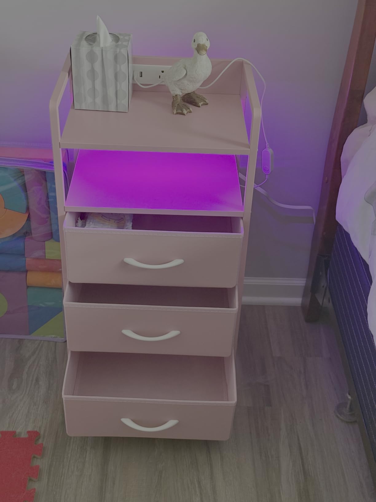 Lazzanto Night Stand Bedside Charger Bedroom - Nightstand with Charging Station & LED Light Strip, Night Stand with Storage Shelf & 2 Fabric Drawers, Morden End Table with U-S-B Ports & AC Outlets customer photo 2