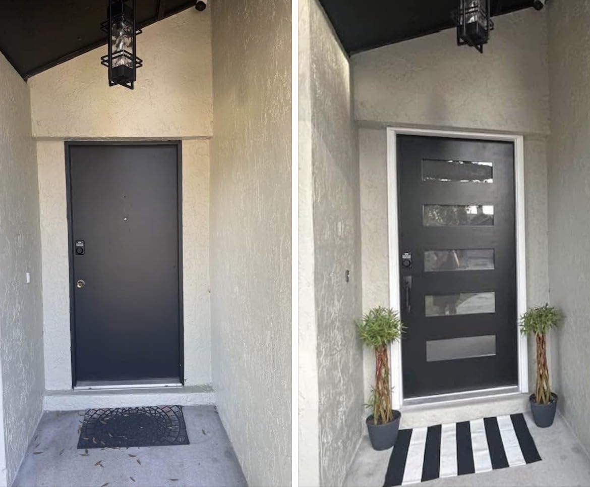 36 x 80 Fiberglass Entry Door with Brickmould, Primed Knock-Down Fiberglass Door with Vinyl Frame, 4-Lite Frosted Glass - Contemporary Style for Home's Front Entrance, Right Hand Inswing customer photo 1