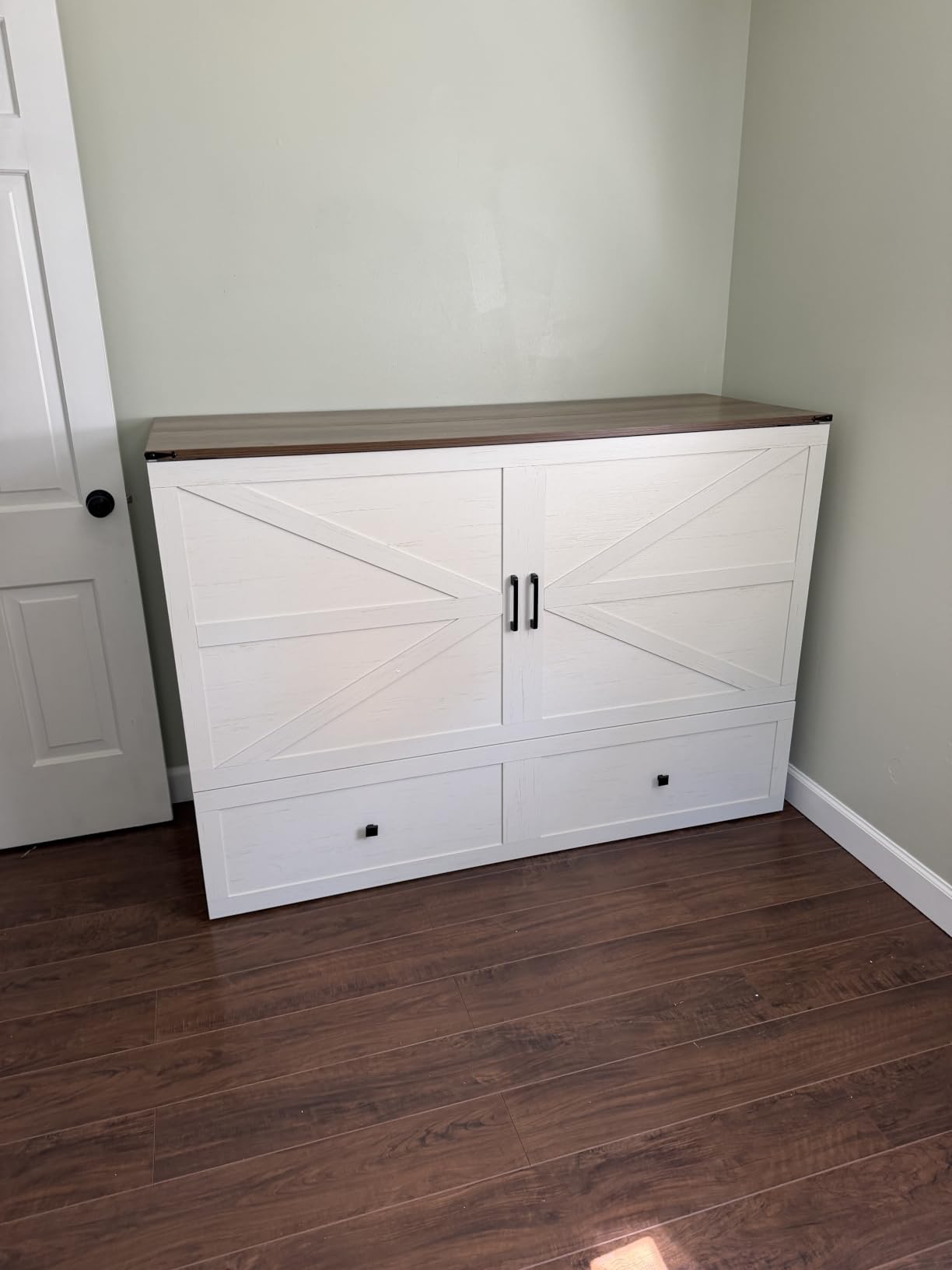 AMERLIFE Queen Murphy Bed with Storage & Charging Station | Distressed White Wood Murphy Cabinet, Farmhouse Foldable Platform Bed, Large Drawer, Noisy Free, Guest Bedroom & Living Room customer photo 1