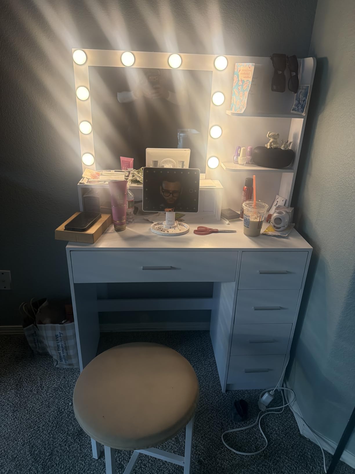 Quimoo Vanity Desk with Glass Top & Large Lights Mirror, 3 Adjustable Lighting Color, 44