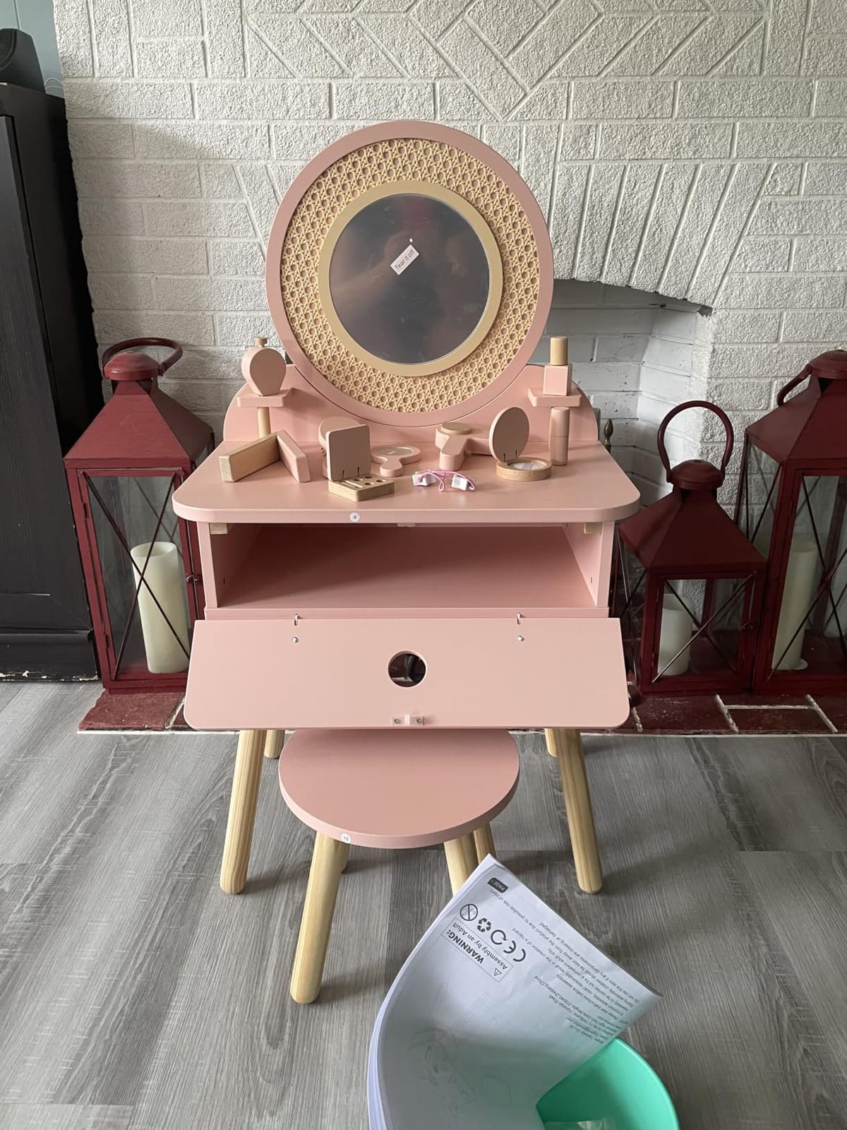 OOOK Toddler Vanity Set with 11pcs Accessories, Kids Vanity Table Chair Set | FSC Safety, Pink Pretend Makeup Toy with Straw Weaving Decor, Suitable for Girls Aged 3+ customer photo 1