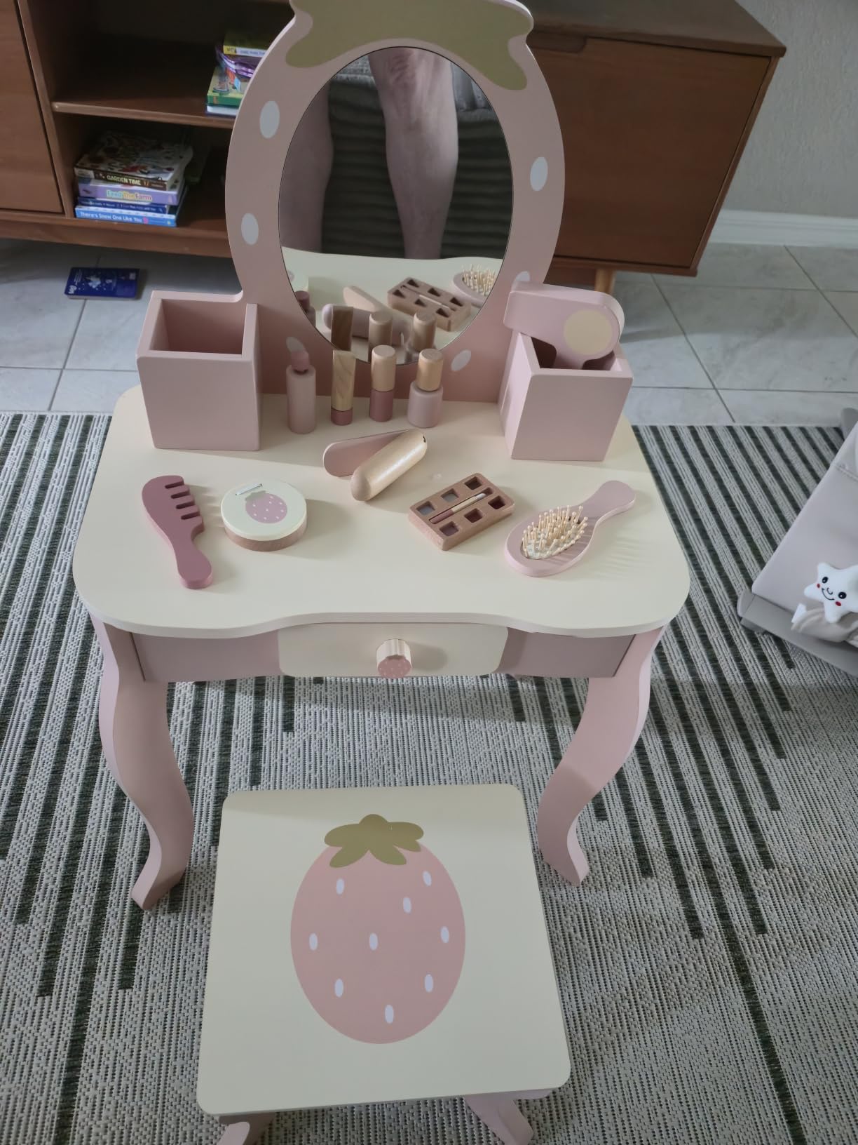 OOOK Toddler Vanity Set with 11pcs Accessories, Kids Vanity Table Chair Set | FSC Safety, Pink Pretend Makeup Toy with Straw Weaving Decor, Suitable for Girls Aged 3+ customer photo 2