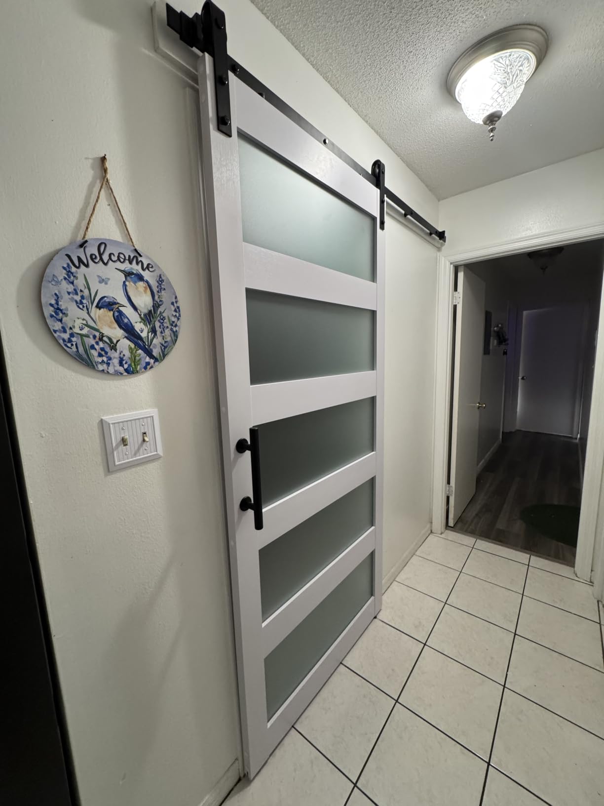 SmartStandard 72 x 84 in (Double 36x84 Door) Glass Barn Door with 12FT Sliding Hardware Kit & Handle, Pre-Drilled Ready to Assemble, Waterproof PVC Coating, 5-Panel Glass, White customer photo 1