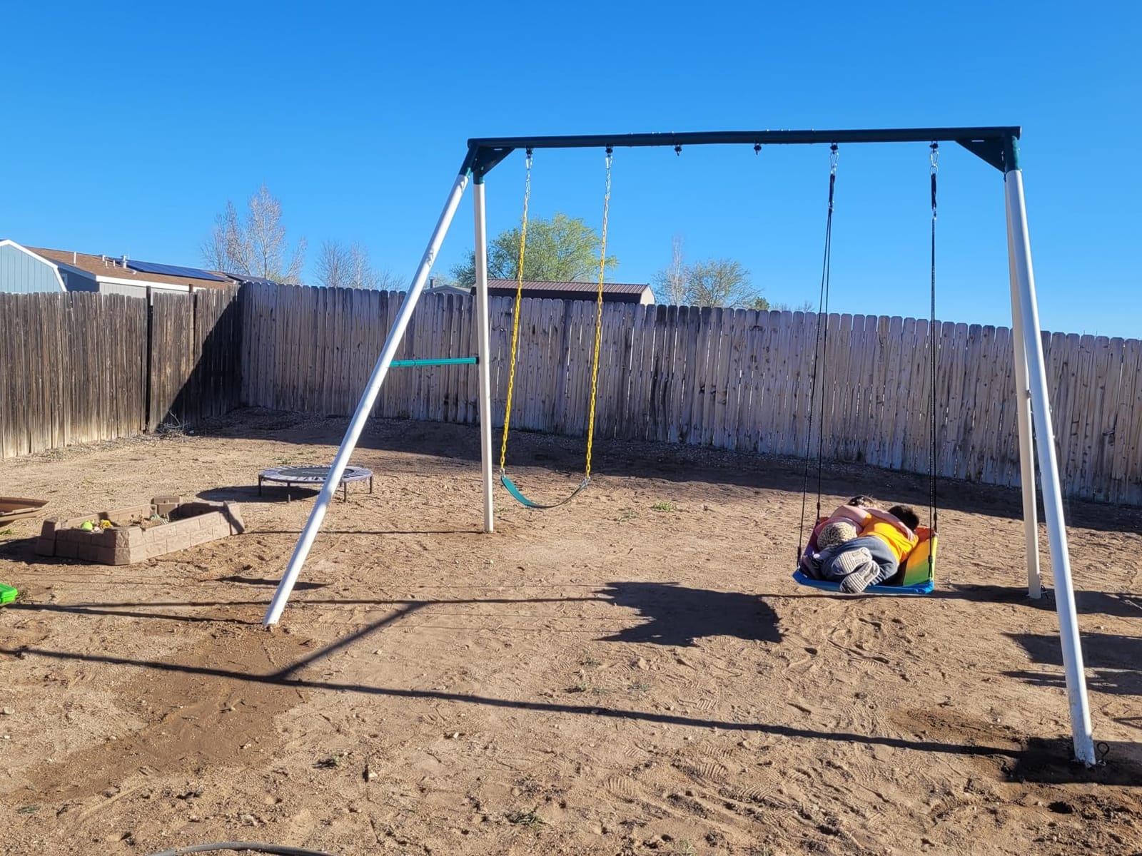 Hapfan 9.5' Tall Heavy Duty Metal Swing Sets for Backyard with 3 Swings | Platform + Belt + Trapeze Swings, Weather-resistant A-frame Swingset, 600 lbs Capacity, Easy Backyard Setup customer photo 1