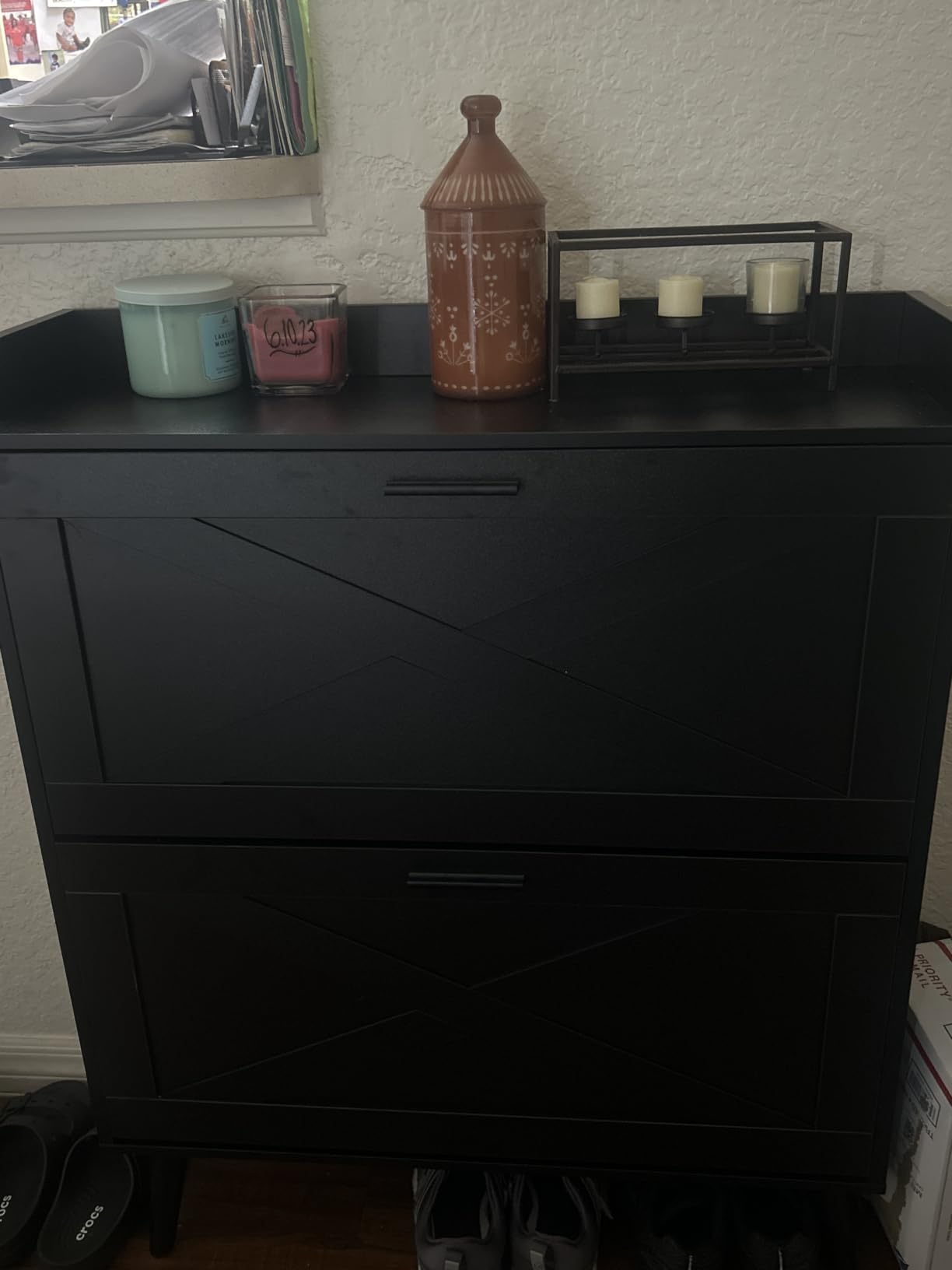 Homleke Farmhouse Shoe Storage Cabinet with Flip Drawers and Barn Door Design, Slim Narrow Shoe Rack Cabinet with Adjustable Shelves and Hidden Storage for Entryway, Foyer, Hallway, Living Room, Black customer photo 1