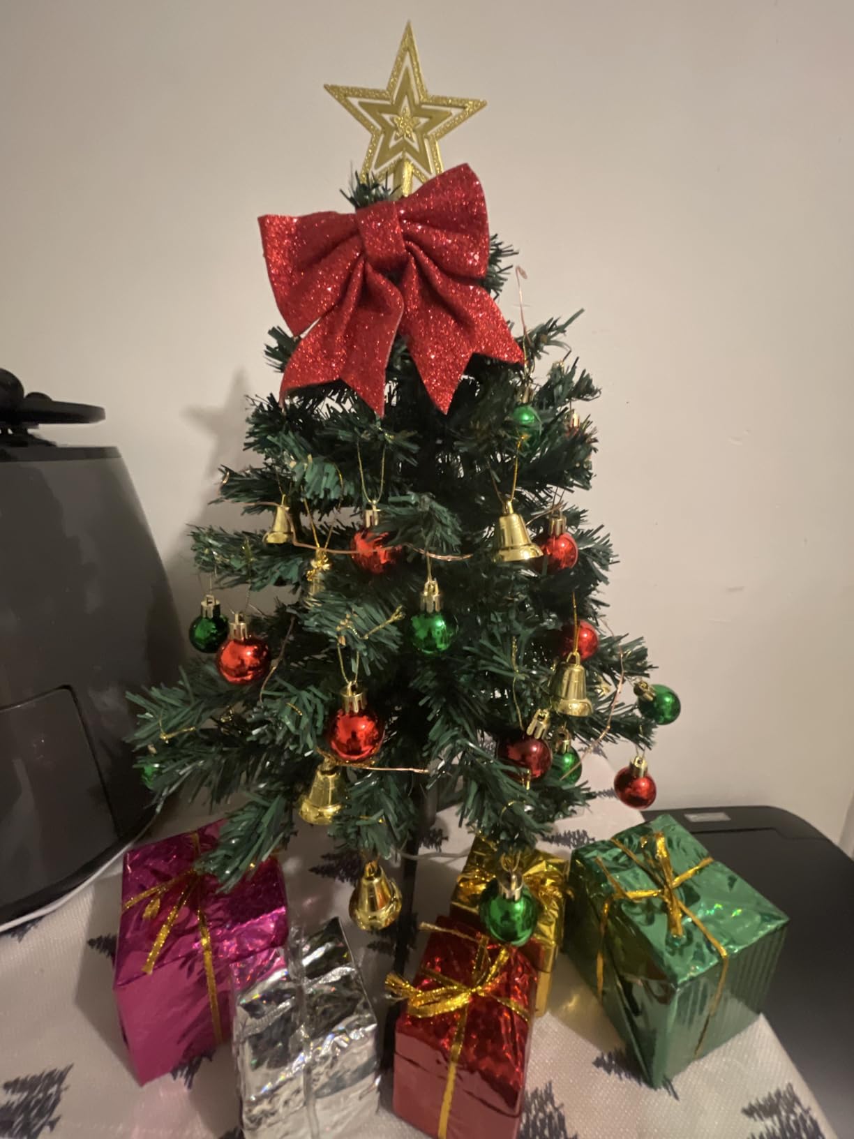 Small Christmas Tree with Lights - 23 Inch Mini Tabletop Christmas Tree with Warm-White LED Lights, Hanging Ornaments, Decorative Bow and Gift Boxes - Prelit Table Tree for DIY Christmas Decoration customer photo 1