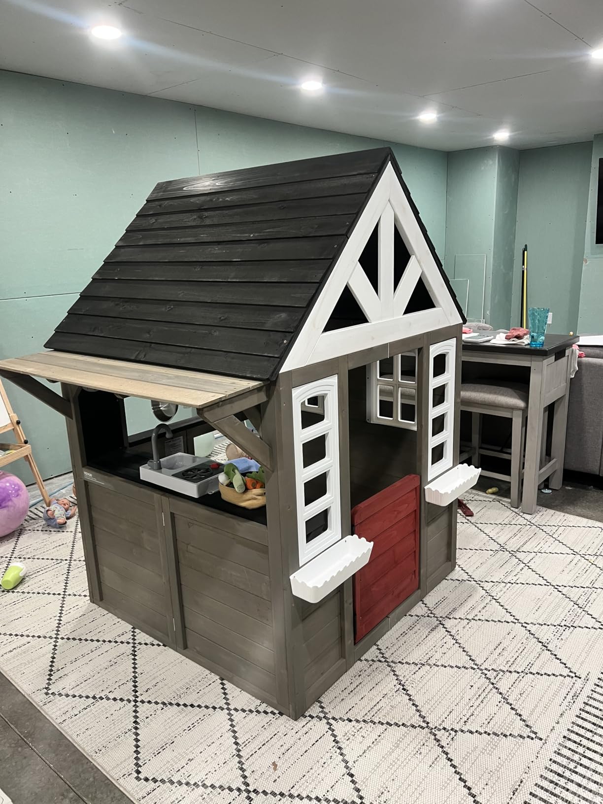 VEVOR Outdoor Wooden Playhouse, Modern Cedar Playhouse for Age 3-10 Years Kids, Garden Games Cottage, Country Style Cedar with Slide, Ladder, Climbing Wall, Windows, Picnic Table and Bench customer photo 1