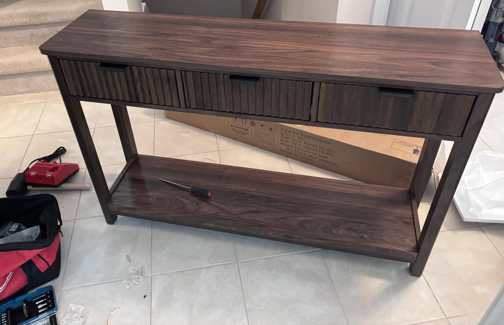 RUSTOWN Fluted Wood Console Table with 3 Drawers, 47.2