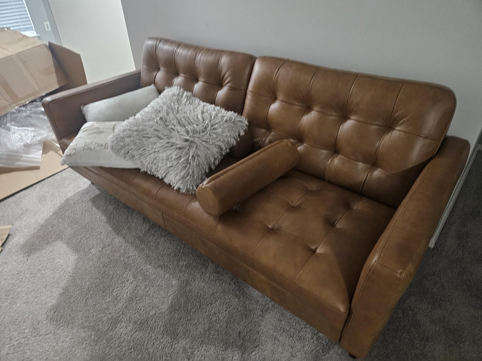 AMERLIFE Leather Sofa, Modern Genuine Leather Sofa, 3 Seater Comfy Couch - Genuine Top Grain Leather, Mid Century Modern Sofa for Home Office & Living Room-Brown customer photo 2