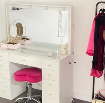 DINGIPP Vanity Desk with Mirror and Lights, Makeup Vanity Desk with 9 Drawers and Crystal Handles, Bedroom Dressing Table with Power Outlet for Women, Girls, Black customer photo 1