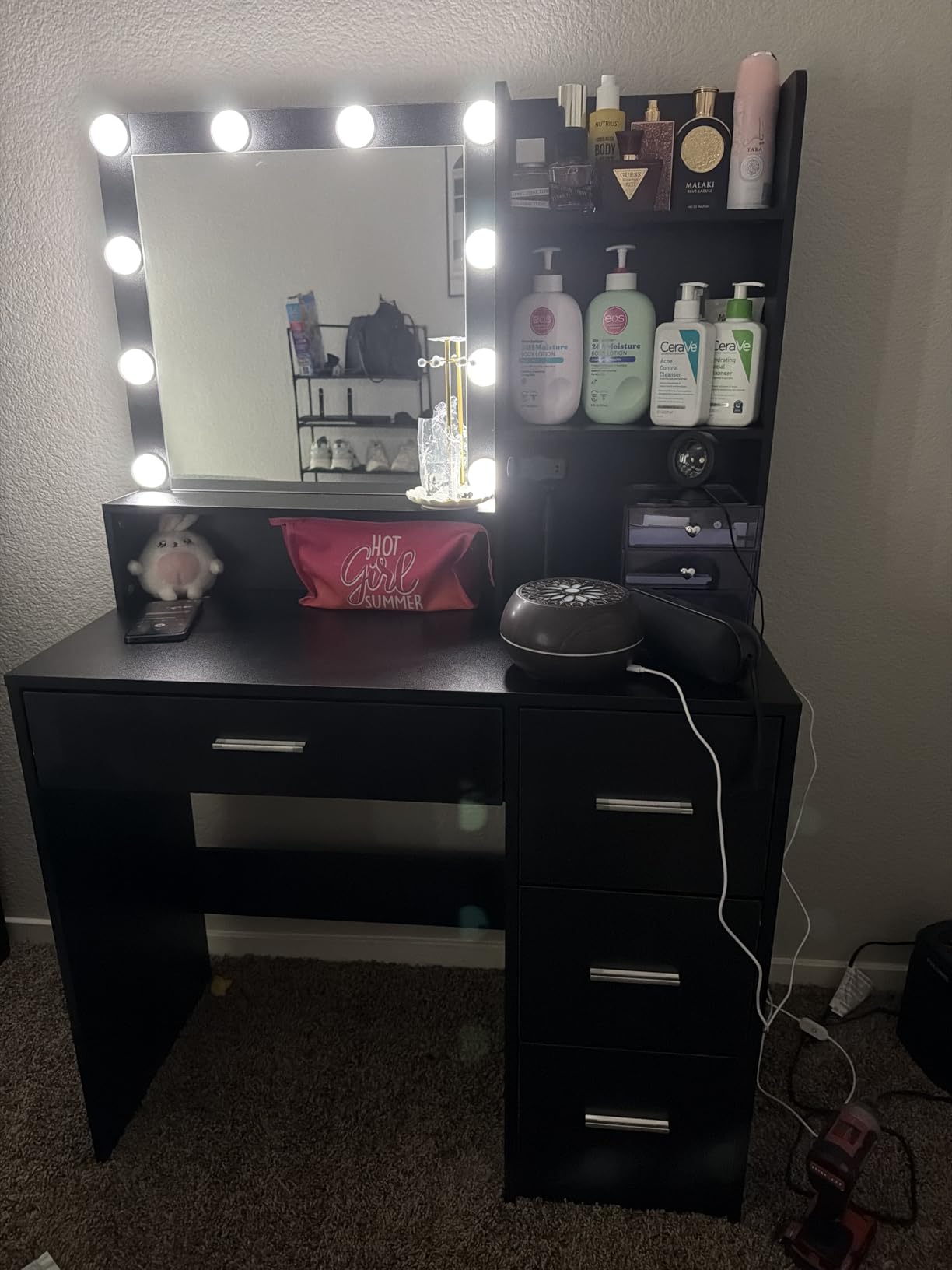 DINGIPP Vanity Desk with Mirror and Lights, Makeup Vanity Desk with 9 Drawers and Crystal Handles, Bedroom Dressing Table with Power Outlet for Women, Girls, Black customer photo 2