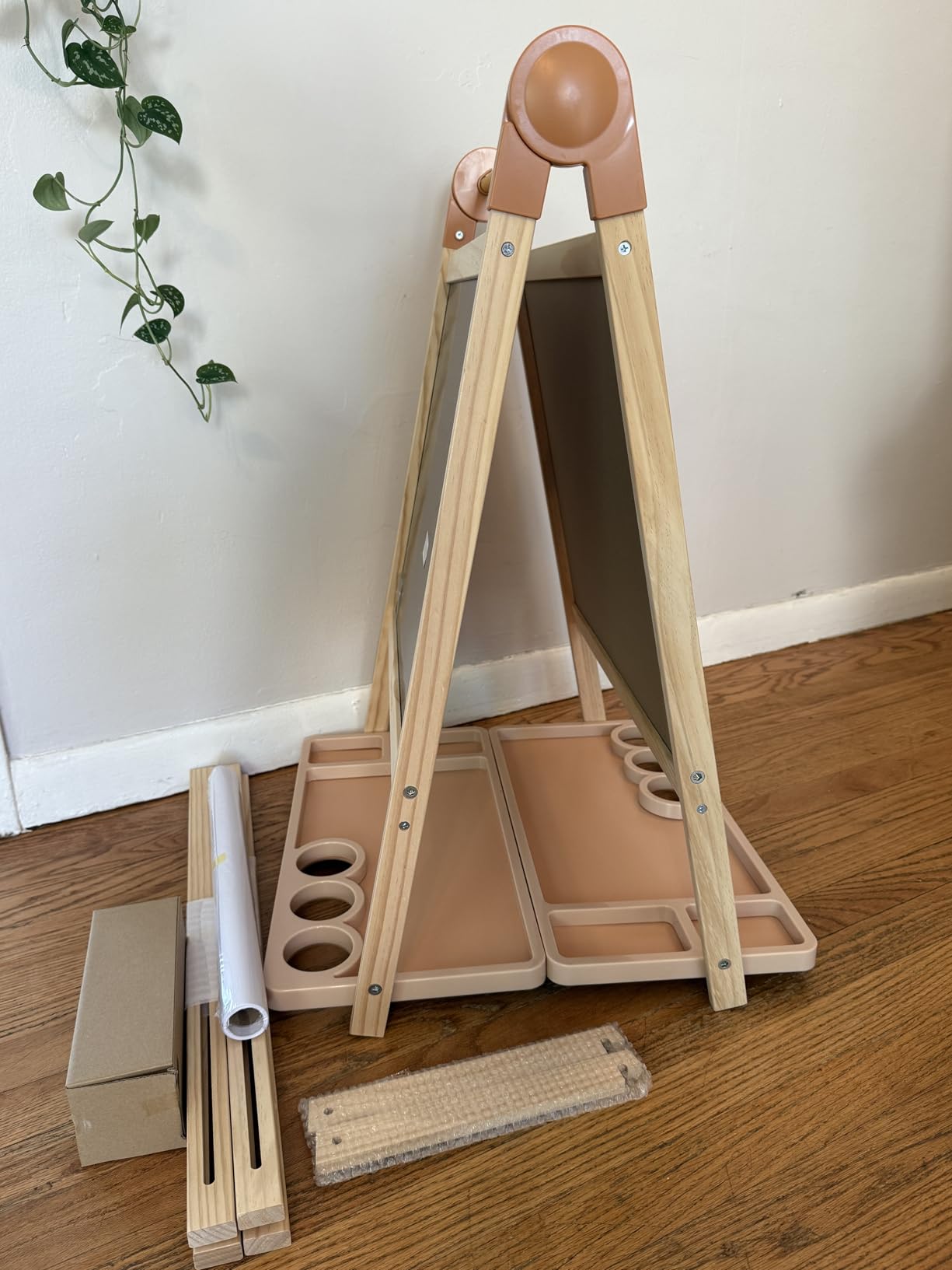Tiny Land Foldable Wooden Art Easel for Kids, with Chalkboard & Whiteboard | Folds flat for storage, Tool-free, Double-sided board, 3 heights for ages 3-12, Paper roll included. Oatmeal accents customer photo 2