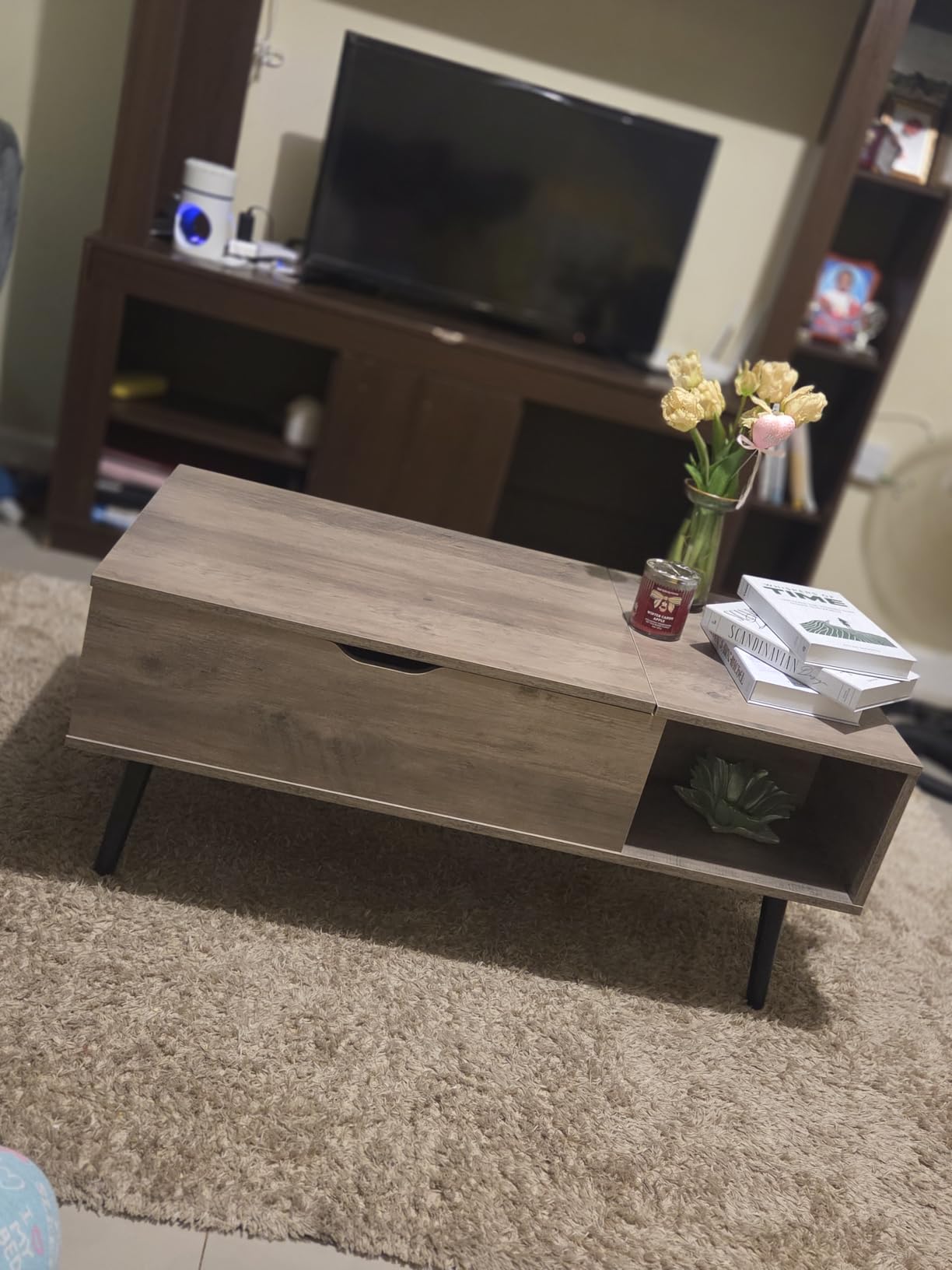 OLIXIS Wood Lift Top Coffee Table with Hidden Compartment and Large Storage Shelf, Lift Tabletop Dining Center Table for Home Living Room Office, Black customer photo 2