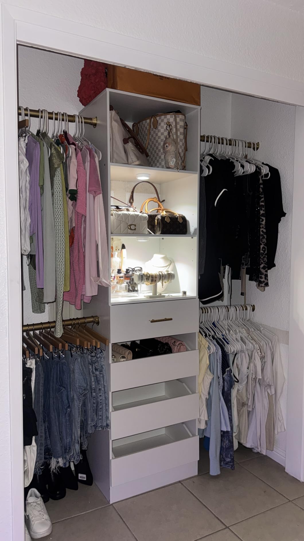 Aheaplus Closet System, 4-9Ft Closet Organizer with 4 Wooden Drawers, White | Wood Closet Organizer System with Tower, Walk-in Closet Organizer Wardrobe Clothes Rack with 4 Hanging Rods, Garment Rack customer photo 1