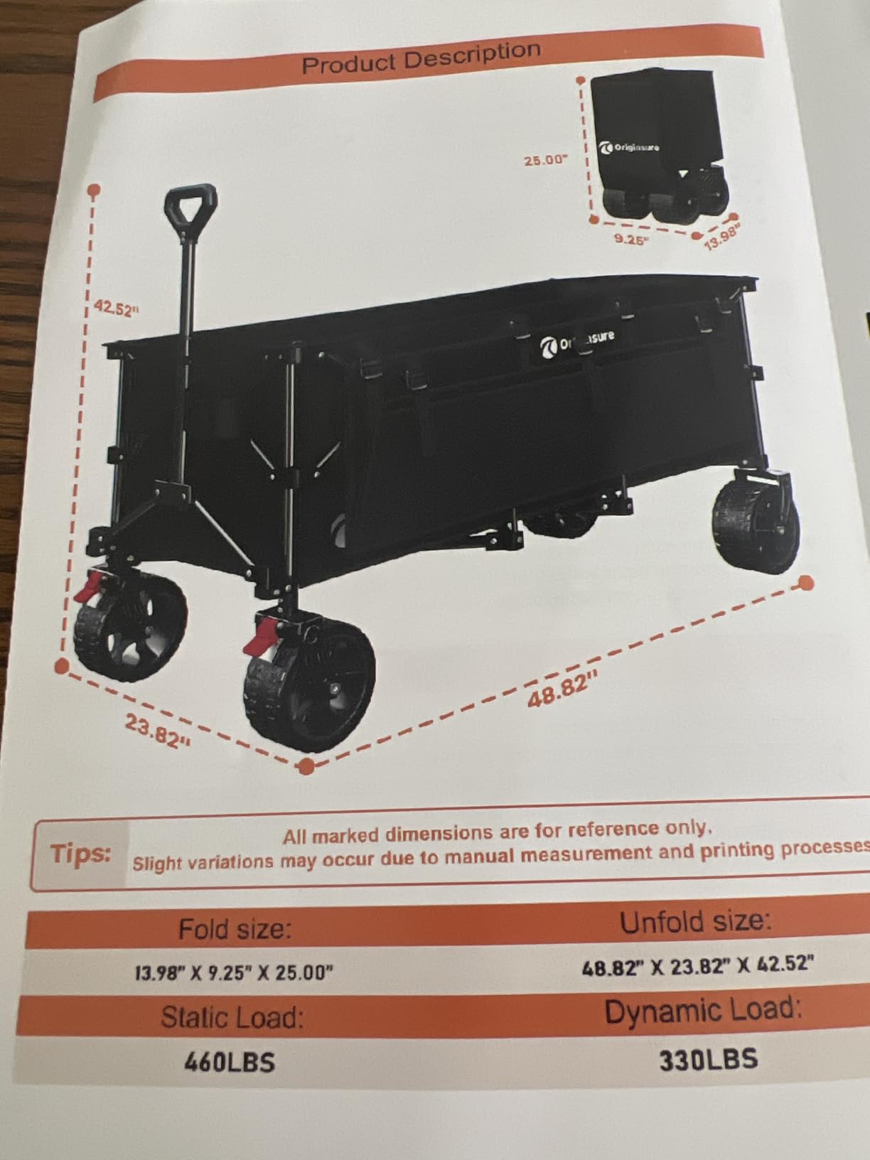 Originsure 300L Collapsible Beach Wagon Cart with Big Wheels, 560lbs, Black | 48