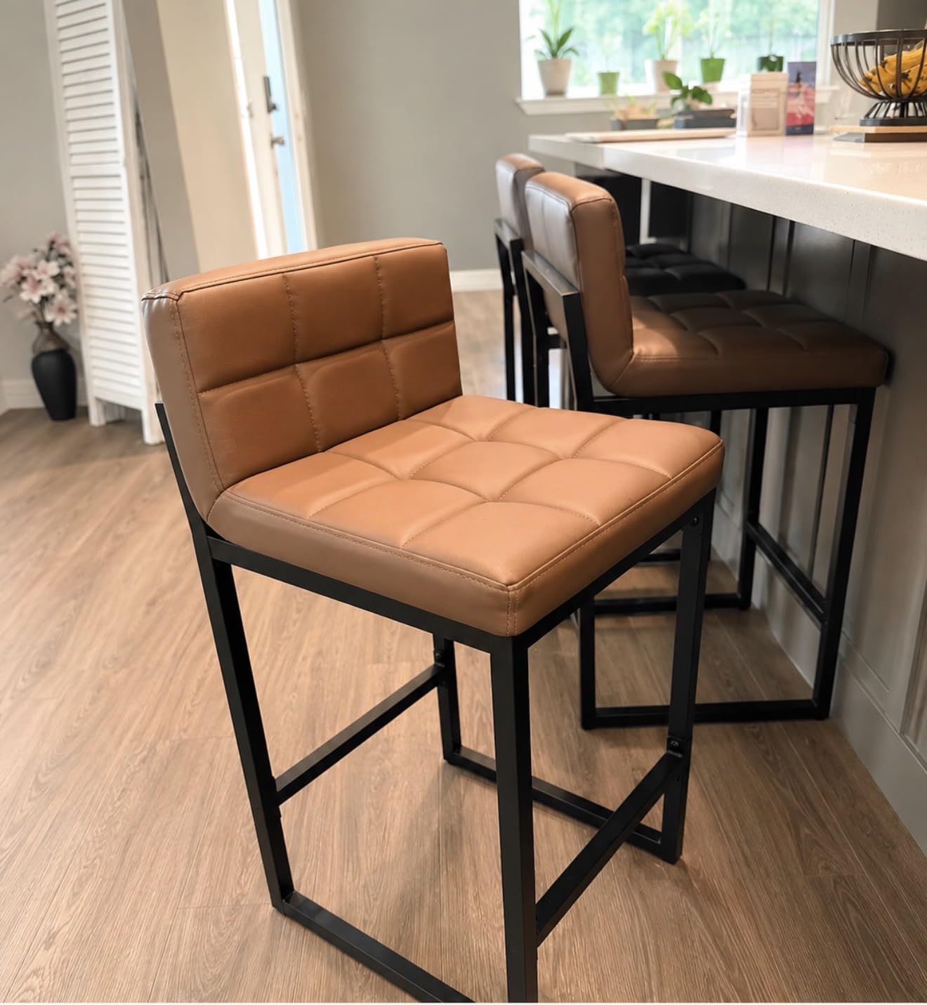 FIRAVOE Counter Height Bar Stools Set of 4, Upholstered Barstools with Back, Bar Chairs with Thickened Metal Legs, PU Leather Counter Stools for Kitchen Island (Coffee Brown, 4Pcs 26