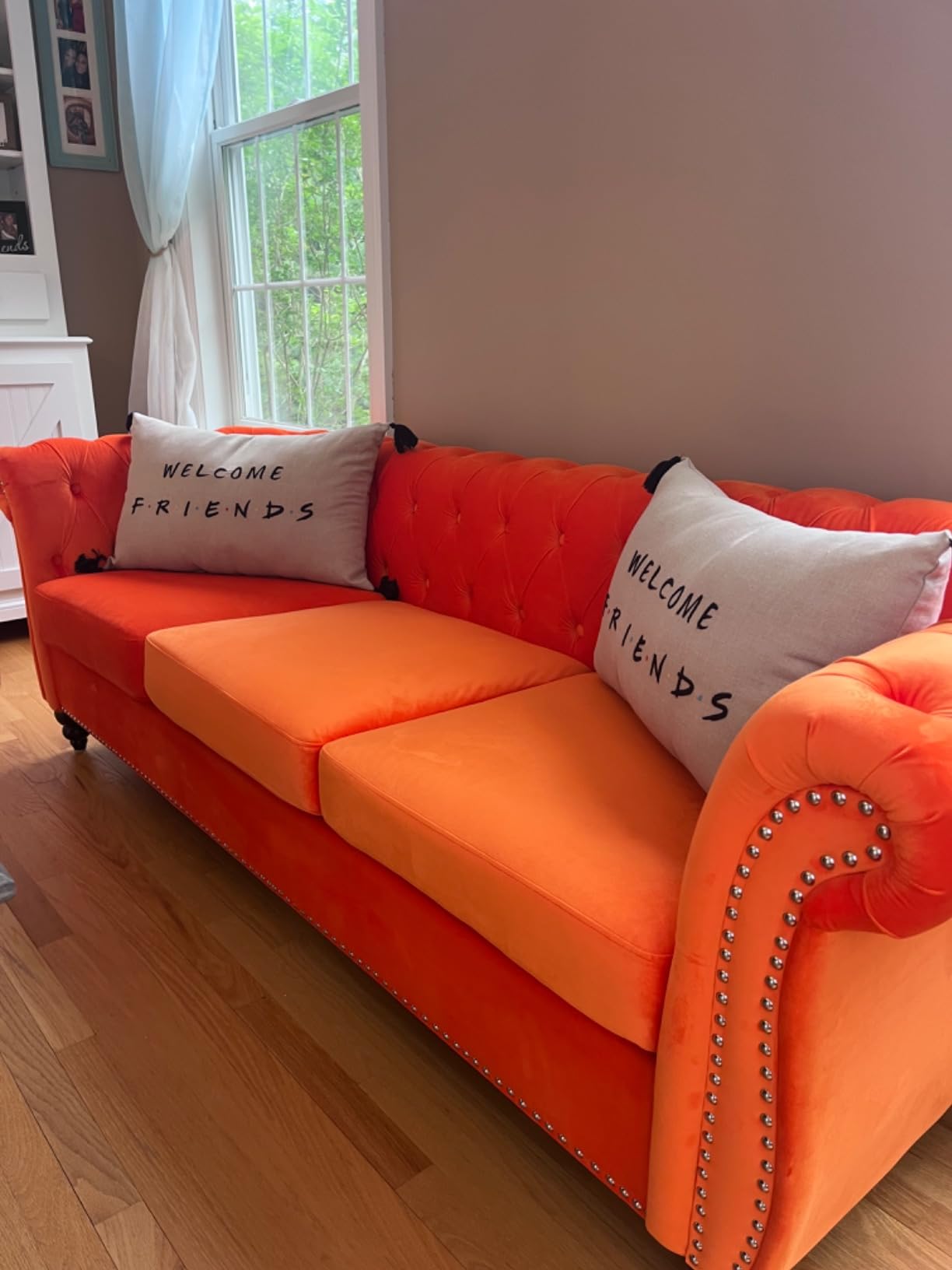 AVZEAR Chesterfield Leather Sofa 3 Seater Couch, Mid-Century Large Sofa Roll Arm Classic Tufted Settee Modern PU Sofa with Channel Tufted Seat Back for Living Room, Office, Apartment, PU Brown customer photo 2