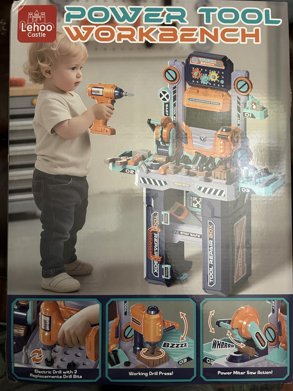 Lehoo Castle Kids Tool Bench with Electric Drill, Realistic Tools, Trucks | 2 in 1 Construction Workbench and Tool Box, Toddler Tool Bench Set with Take Apart Trucks customer photo 1