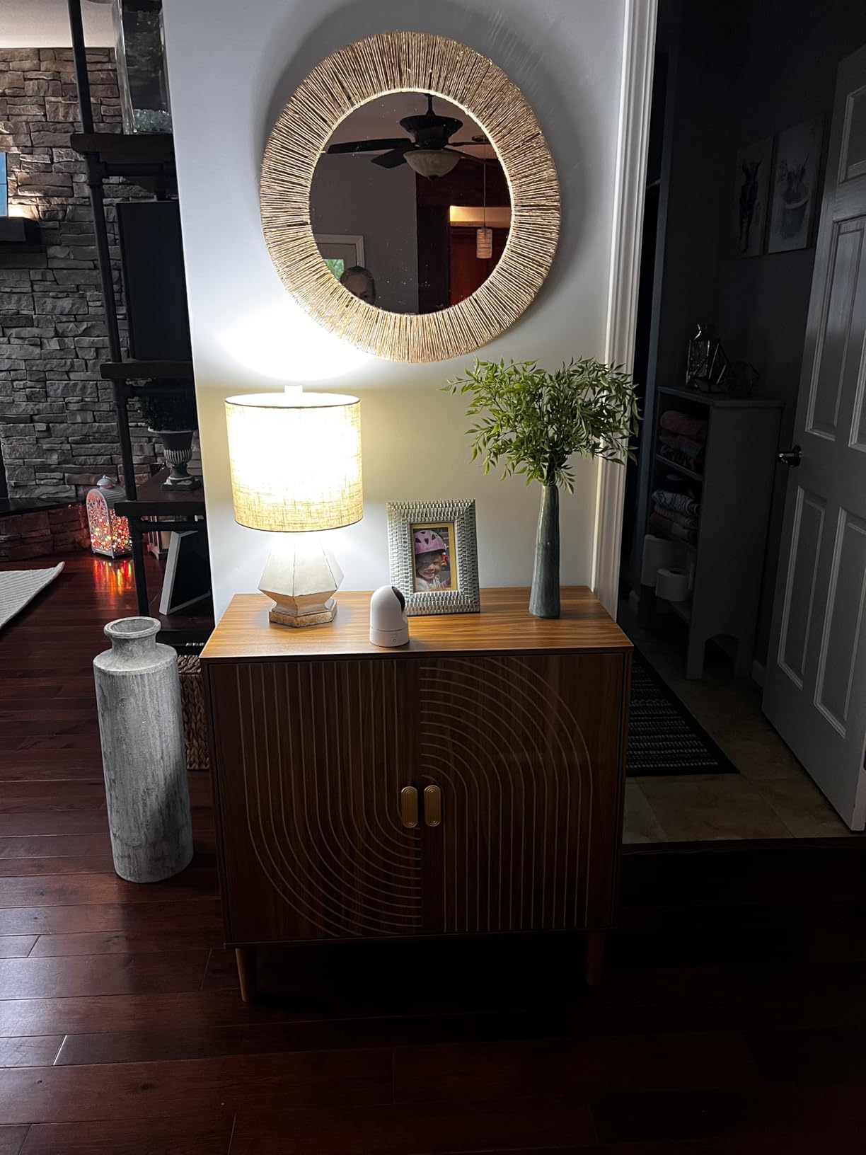 Smuxee Walnut Sideboard Cabinet, Freestanding Buffet Cabinet with Line Groove Design, Wood Storage Cabinet with Adjustable Shelf for Living Room, Entryway, Hallway customer photo 2