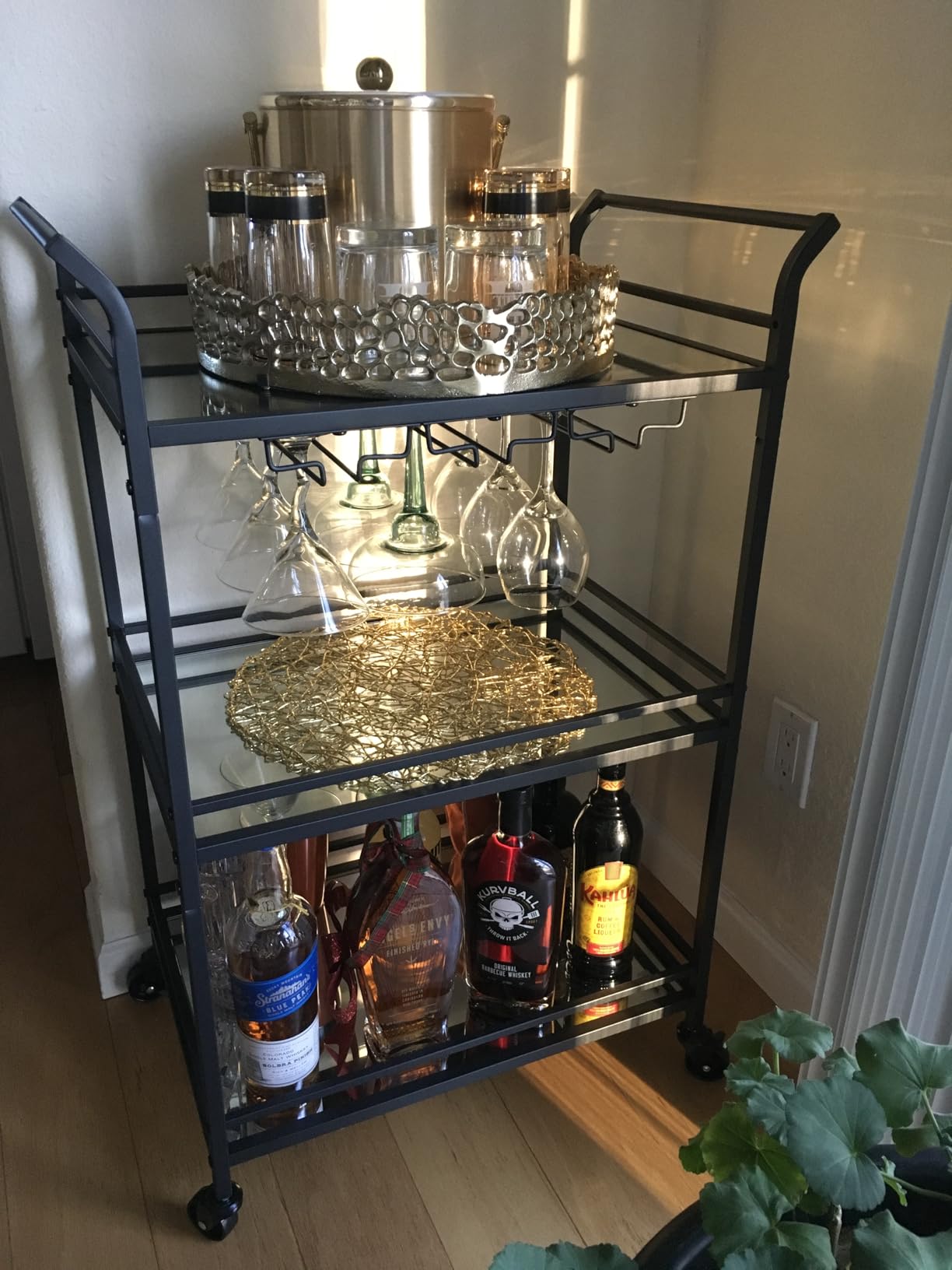 VASAGLE Bar Cart Gold, Large Home Bar Serving Cart with 3-Tier | Mirrored Shelf, Wine Holders, Glass Holders, Kitchen, 15 x 33.9 x 35.4 Inches, Gold ULRC083A02 customer photo 1
