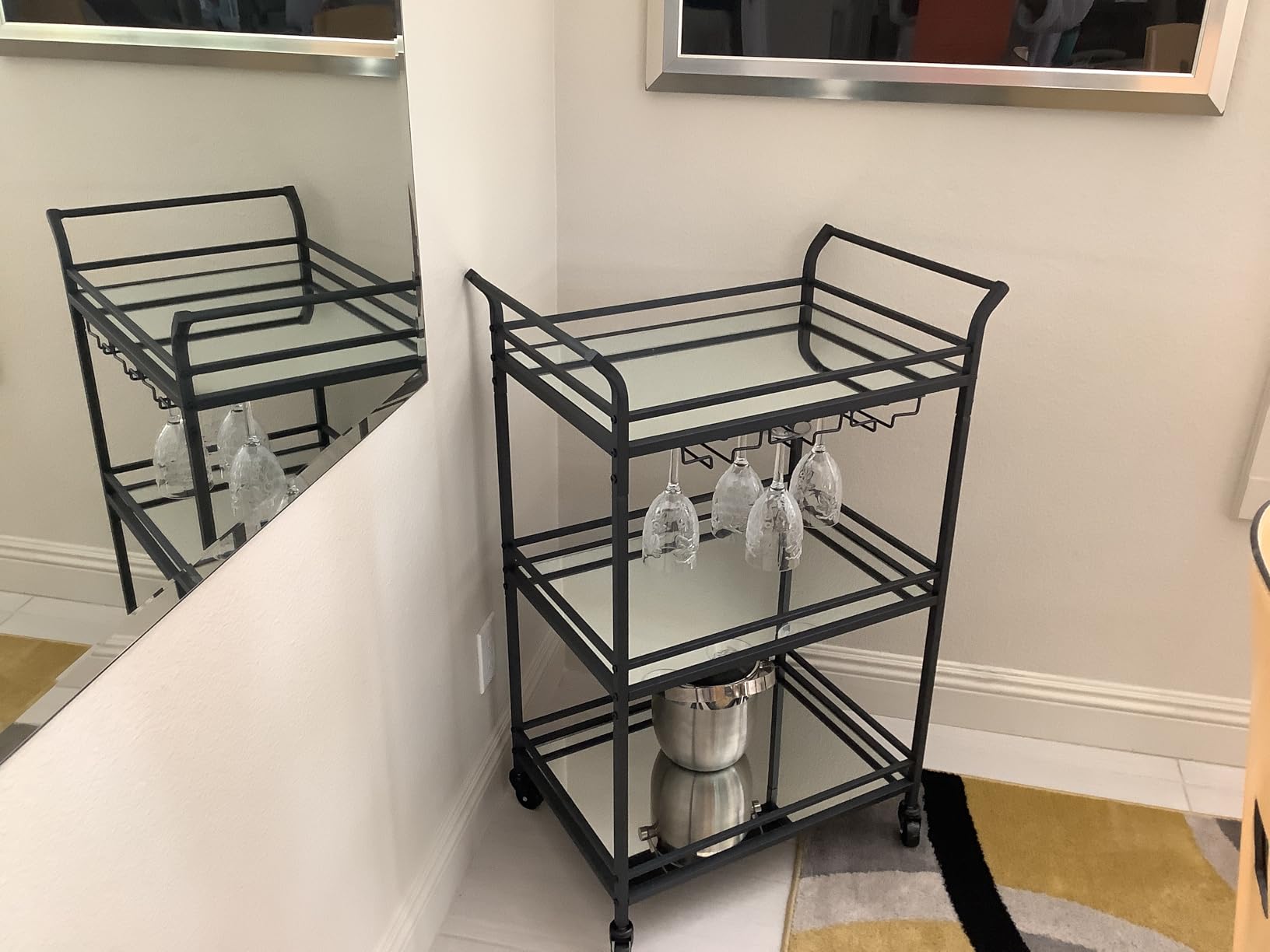 VASAGLE Bar Cart Gold, Large Home Bar Serving Cart with 3-Tier | Mirrored Shelf, Wine Holders, Glass Holders, Kitchen, 15 x 33.9 x 35.4 Inches, Gold ULRC083A02 customer photo 2