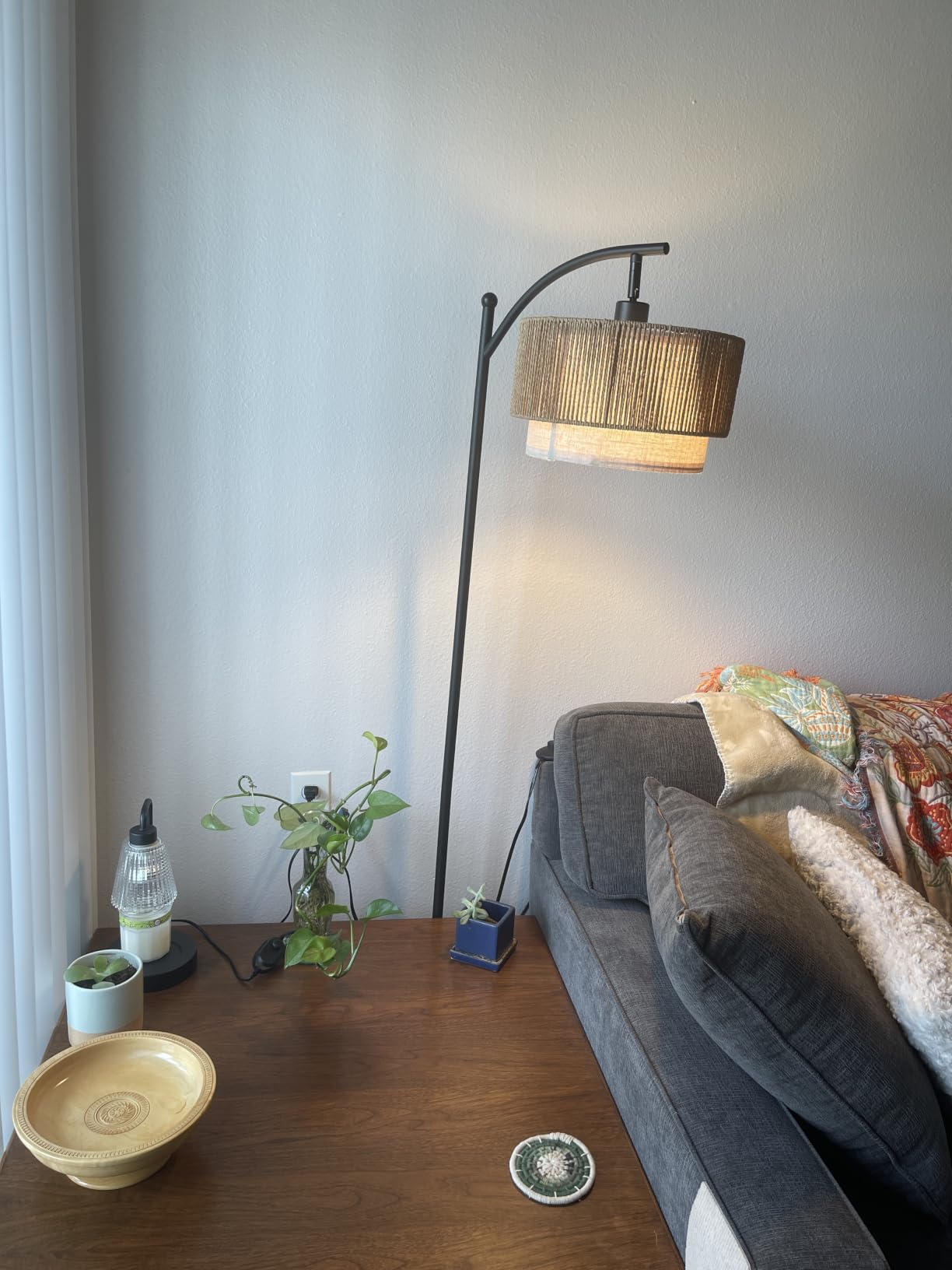 SUNMORY Arc Floor Lamps for Living Room, Rattan Standing lamp with 12W Bulb, Arched LED Lamp with 3 Color Temperatures, Farmhouse Floor Lamps with Adjustable Shades, Boho Floor Lamp for Bedroom, Corner customer photo 2