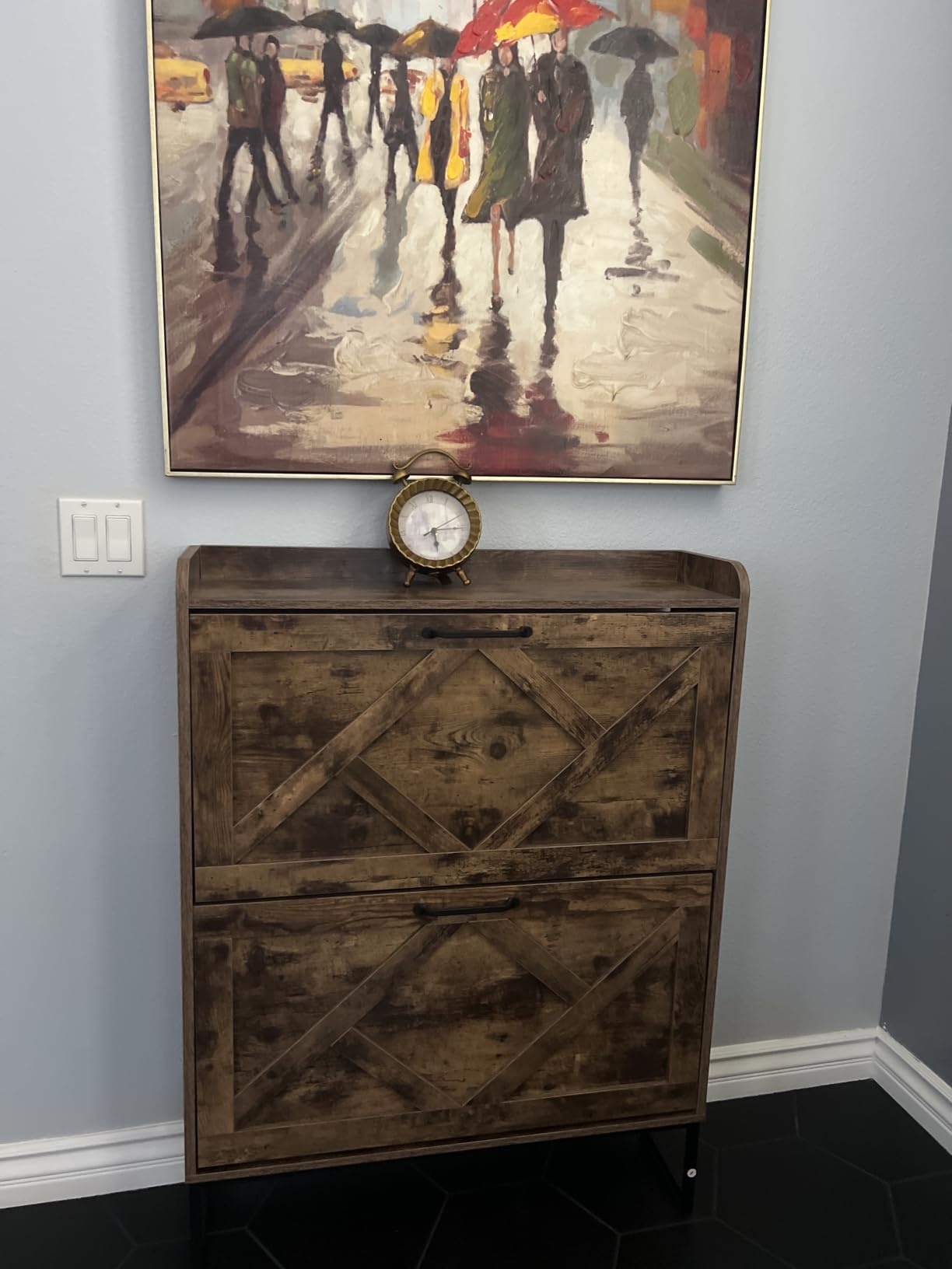 Shoe Storage Cabinet with 2 Flip Drawers, Freestanding Wood Shoe Organizer with Metal Legs, Farmhouse Slim Shoe Rack for Entryway, Foyer, Hallway, Rustic Brown customer photo 2