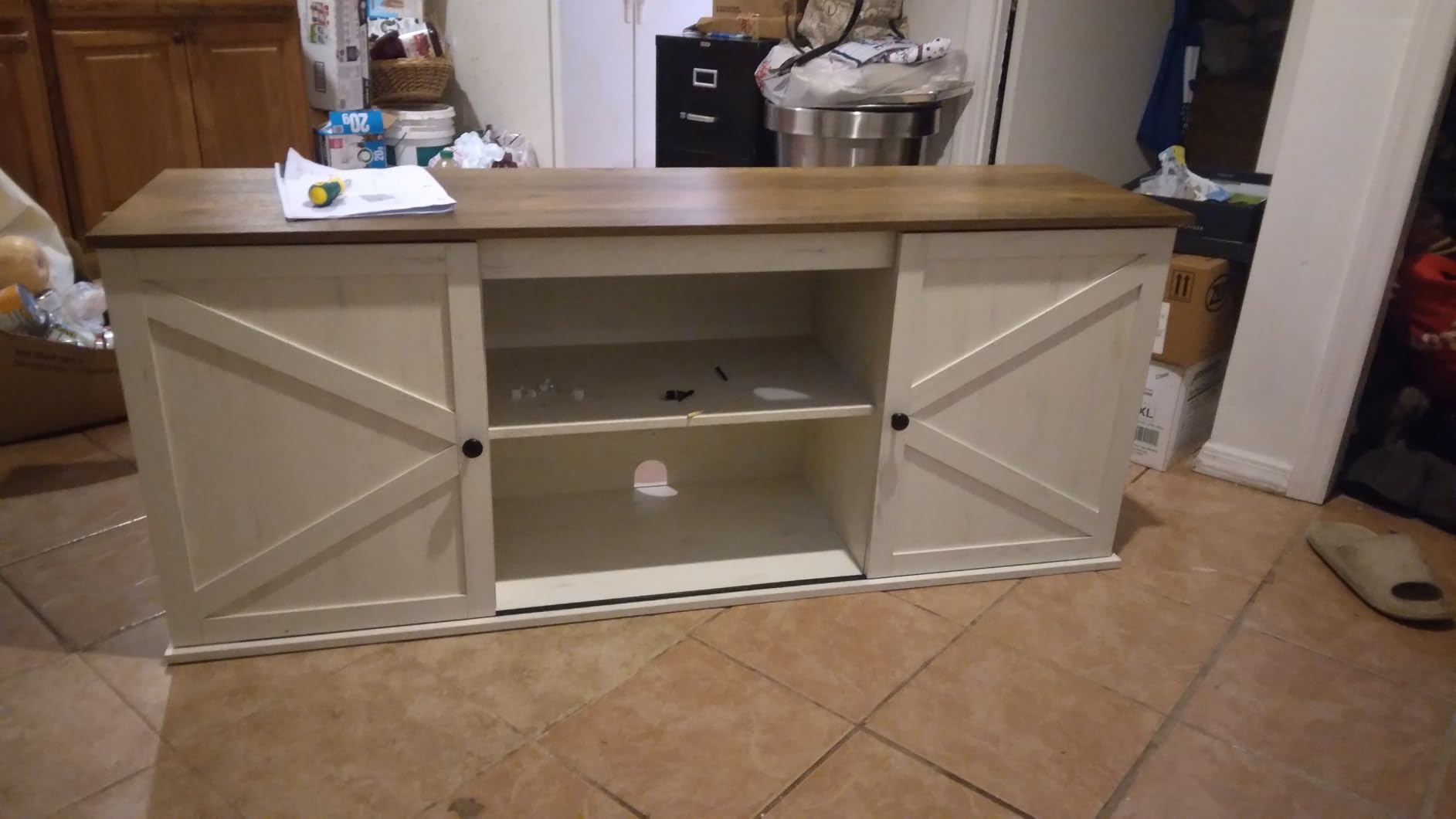 VASAGLE Farmhouse TV Stand for TVs up to 80 Inches, Entertainment Center with Storage Cabinets and Sliding Barn Doors, Media Console Table for Living Room, Rustic White and Honey Brown customer photo 1