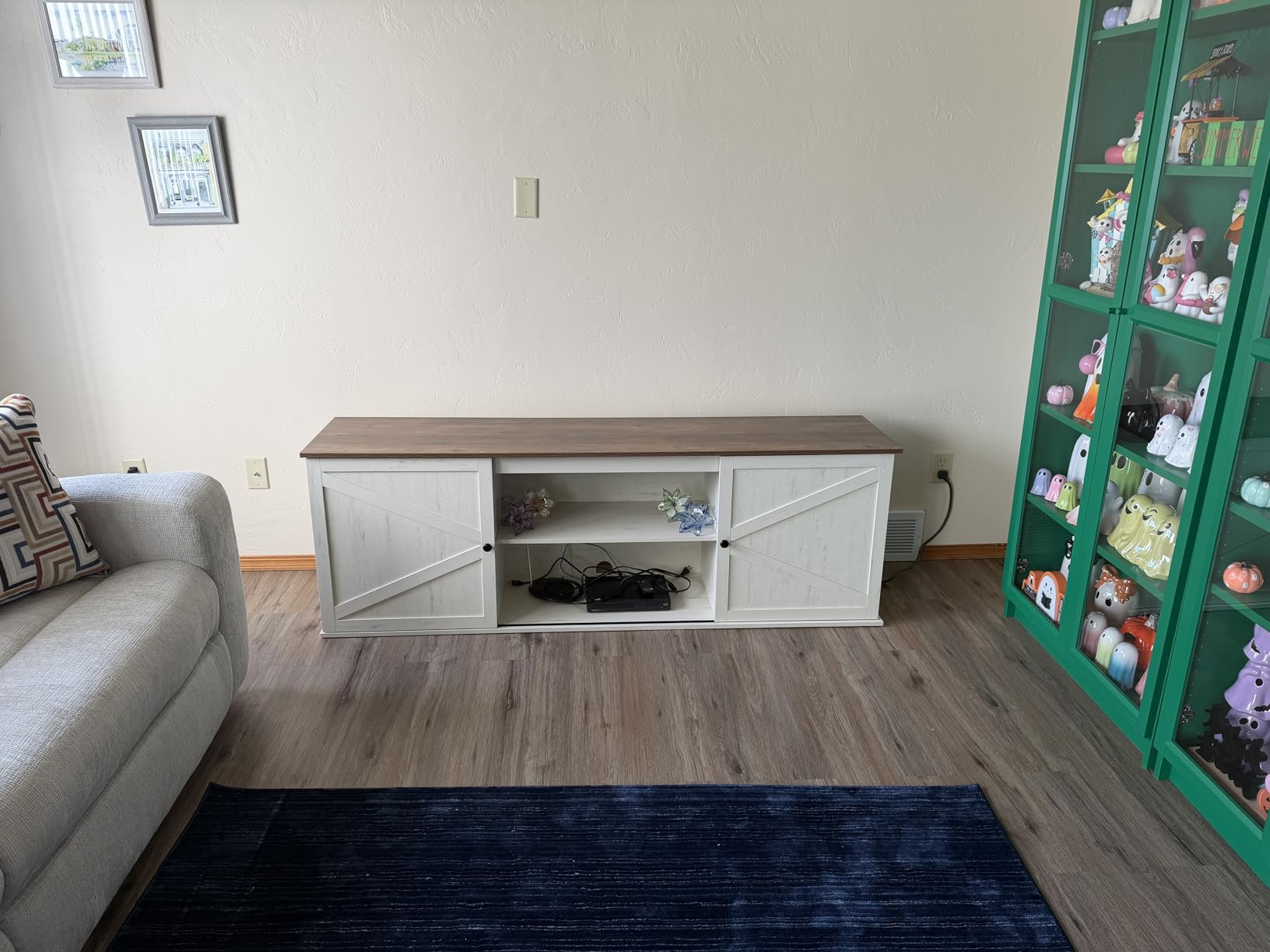 VASAGLE Farmhouse TV Stand for TVs up to 80 Inches, Entertainment Center with Storage Cabinets and Sliding Barn Doors, Media Console Table for Living Room, Rustic White and Honey Brown customer photo 2
