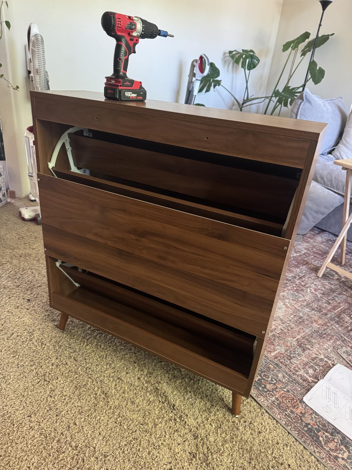 Fsbecl Shoe Storage Cabinet for Entryway with 2 Fluted Flip Drawers, Walnut, Narrow Design, Freestanding Shoe Rack with Adjustment Shelves, Wooden Hidden Organizer for Hallway Foyer, 12-16 Pairs customer photo 1