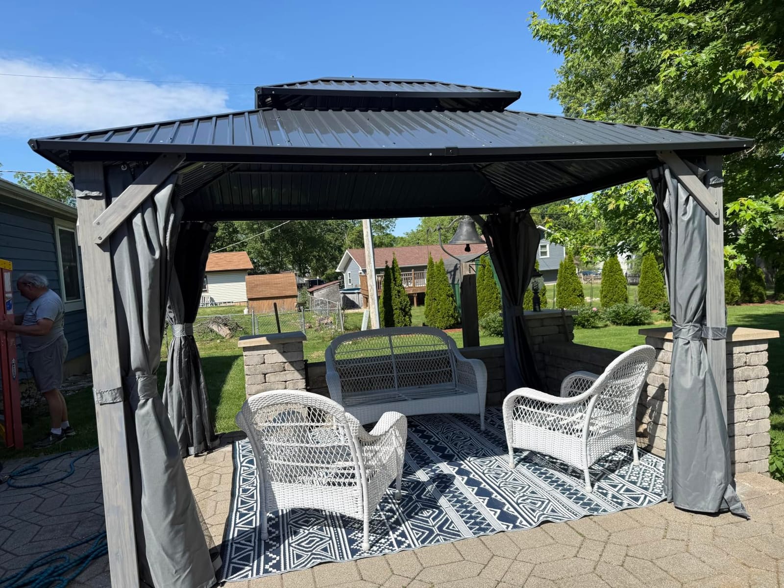 GARTOO 12' x 16' Outdoor Wood Gazebo, Permanent Wooden Hardtop Gazebo Pavilion with Double Curtains, Galvanized Steel Roof Cedar Wood Gazebos for Garden, Lawn customer photo 2