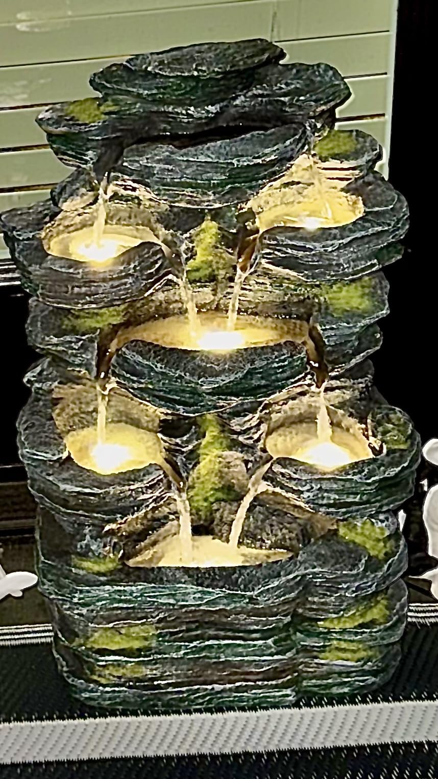 Grepatio Outdoor 7-Tiers Cascading Rock Water Fountain, Waterfall Fountain with 6 LED Lights, Outdoor Fountains and Waterfalls for Garden or Patio, Yard, and Deck Decor with Natural Stone Look customer photo 2