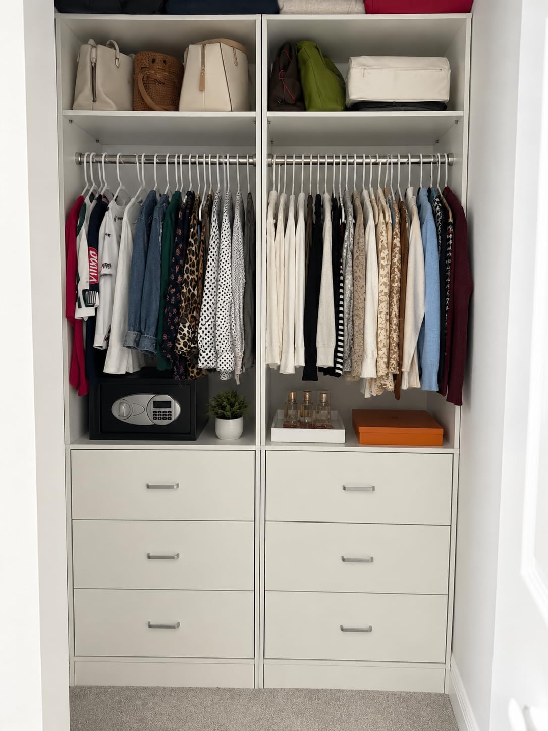 Besiost Closet Systems with 6 Wood Drawers, Closet System Set of 2 | Closet Organizer System with 2 Hanging Rods & 2 Shelves, Heavy Duty Walk-in Closet, White (42.6