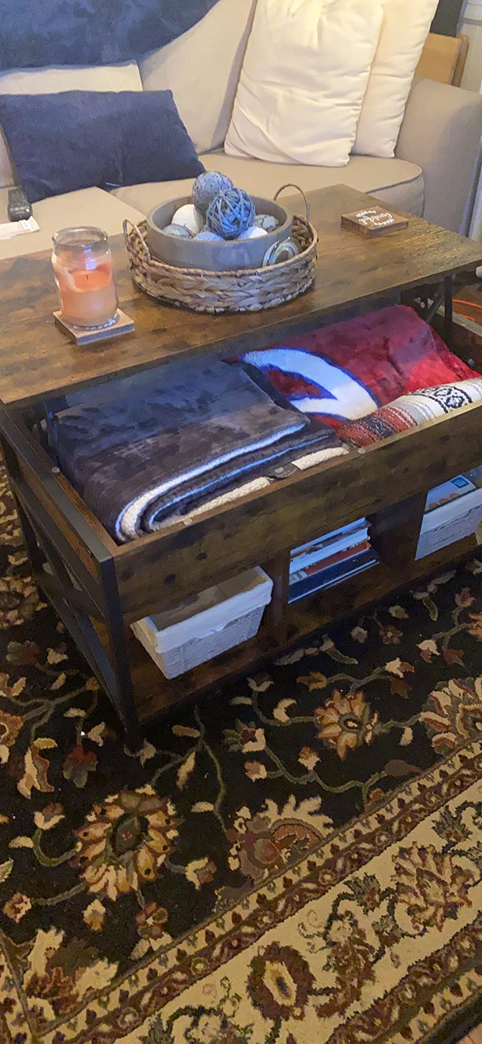 VASAGLE Coffee Table Lift Top, 3 in 1 Center Table with Storage, Gas Spring, 2 Drawers and 3 Hidden Compartments, Open Shelf, for Living Room, Home Office, Honey Brown and Rustic White ULCT254W01 customer photo 1