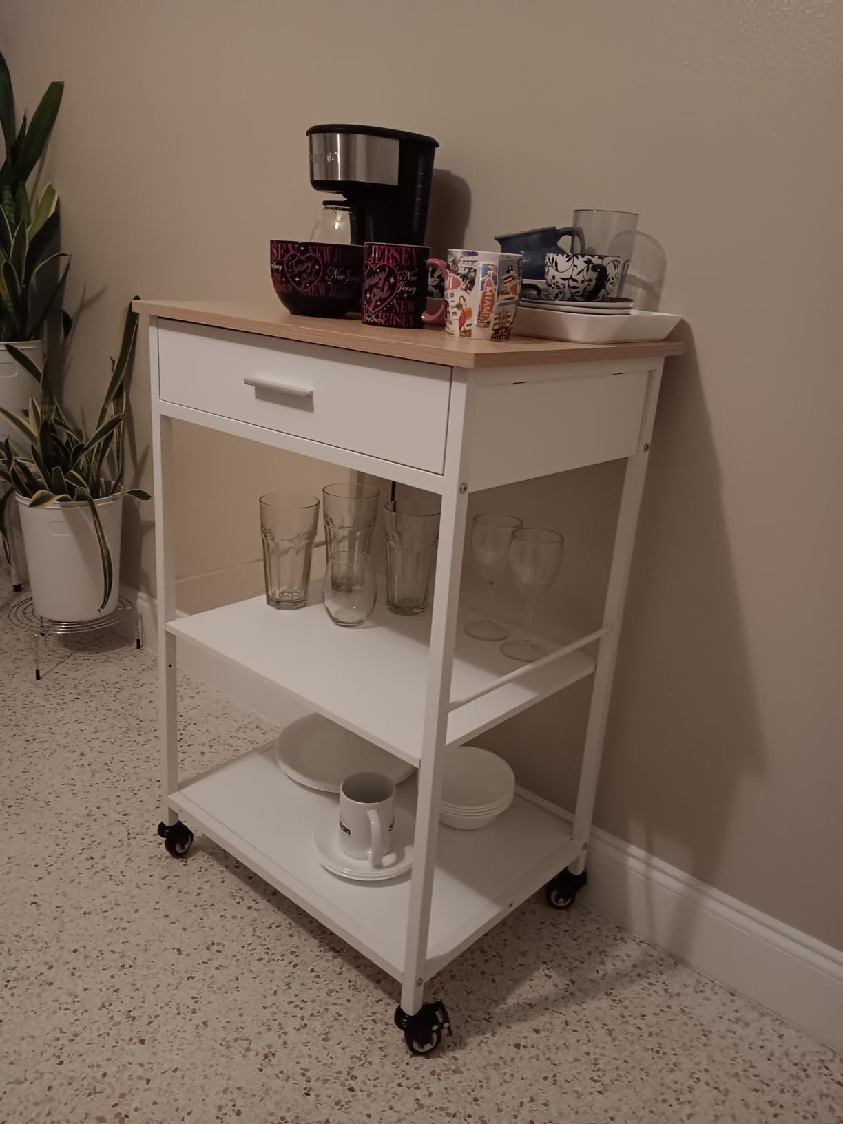 VASAGLE Kitchen Rolling Island, Mobile Kitchen Cart with Storage on Wheels, 17.7 x 23.6 x 35.4 Inches, Drawer, 2 Hooks, for Dining Room, Oak Beige and Matte White UKKI007Y01 customer photo 1