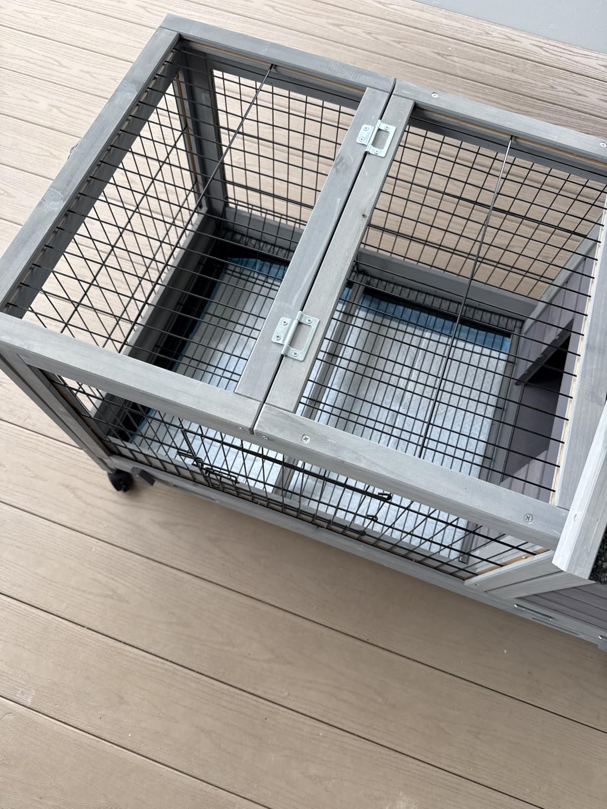 Wooden Rabbit Hutch Indoor and Outdoor, Rabbit Cage with Removable Wire Netting and Leak Proof Tray, Mobile Bunny Cage with Wheels (Grey) customer photo 1